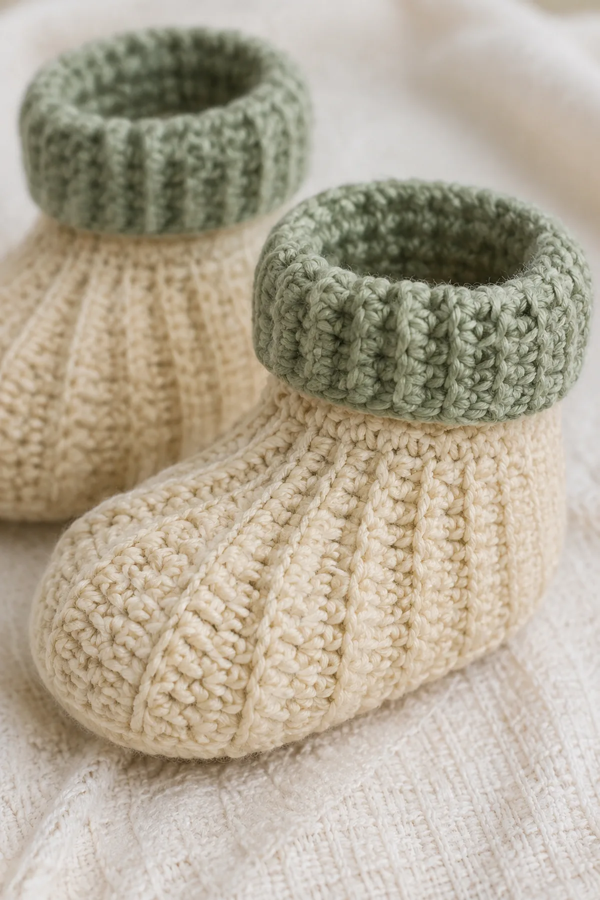 Close-up of the stitch texture and securely finished details on easy crochet ribbed baby booties