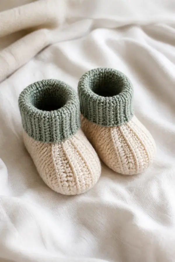 Finished easy crochet ribbed baby booties in soft cream and sage yarn on a neutral nursery surface