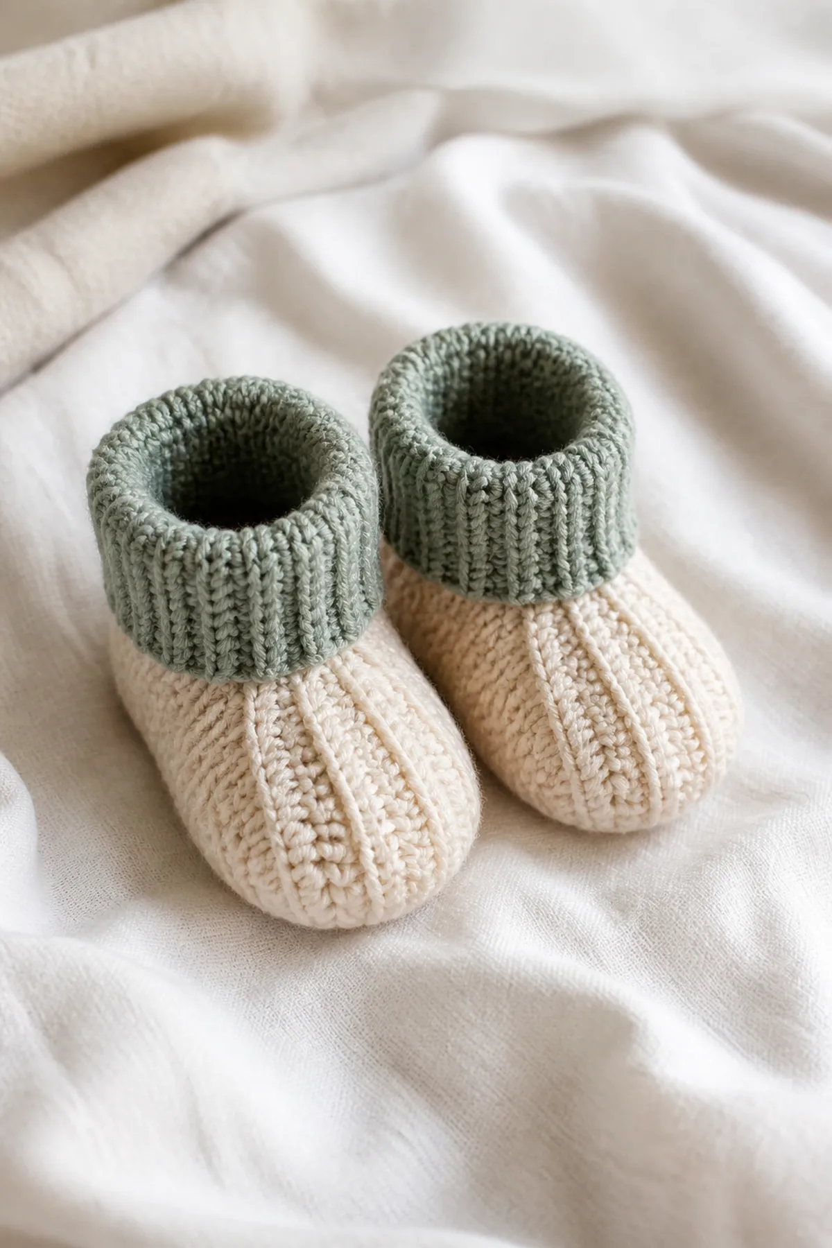 Finished easy crochet ribbed baby booties in soft cream and sage yarn on a neutral nursery surface