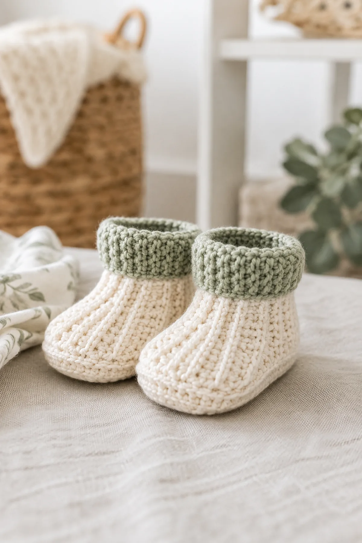 Finished easy crochet ribbed baby booties styled in a calm bright nursery setting without a baby present