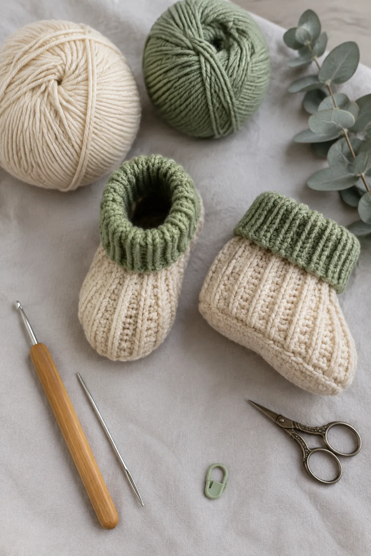 Baby-friendly yarn, crochet hook, stitch markers, tape measure, yarn needle, and scissors for easy crochet ribbed baby booties