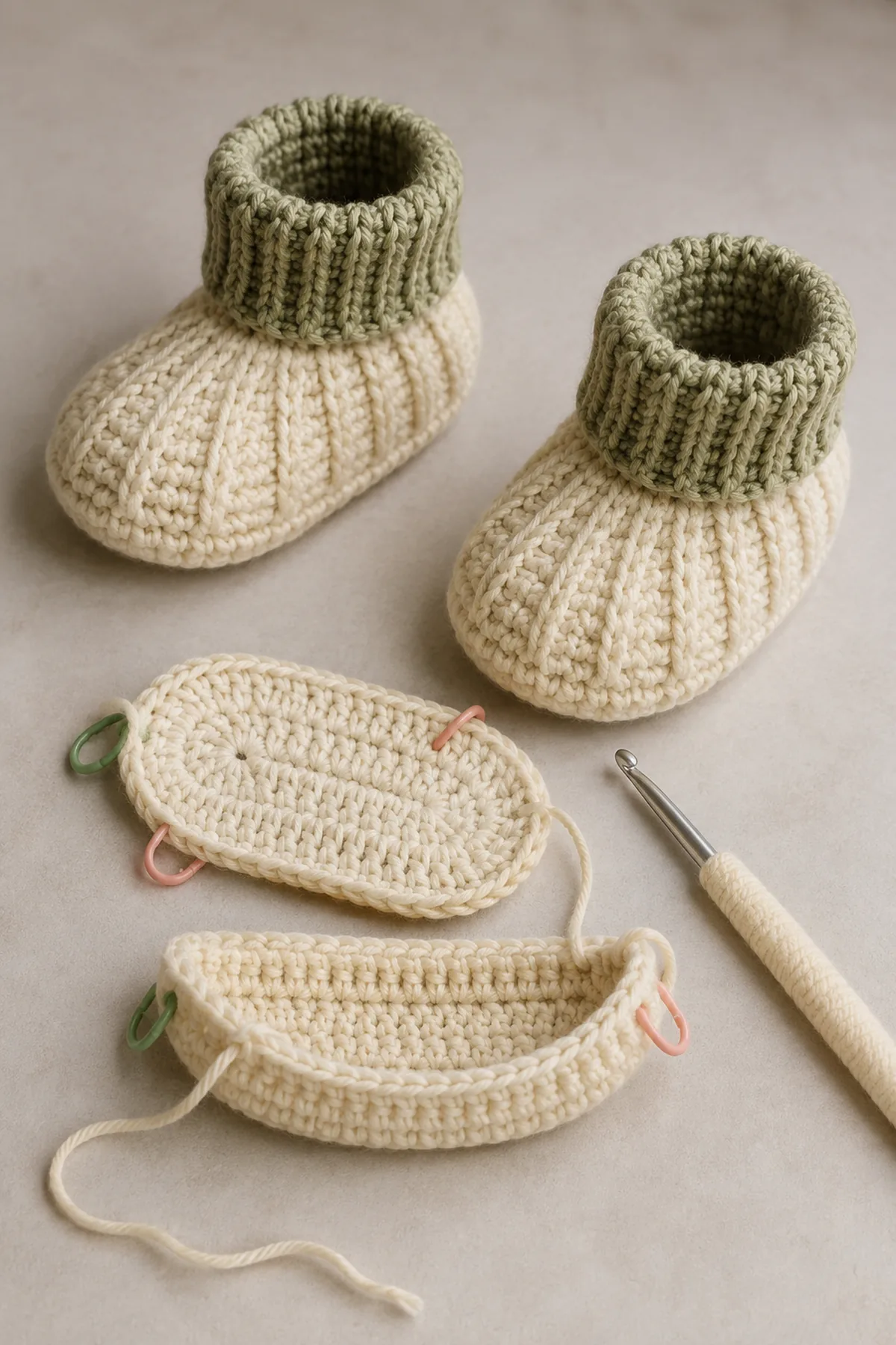 Early counted crochet stage of easy crochet ribbed baby booties with matching yarn and hook