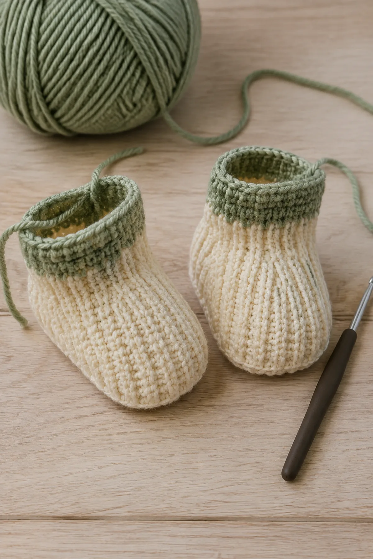 Mid-process construction of easy crochet ribbed baby booties showing the established shape