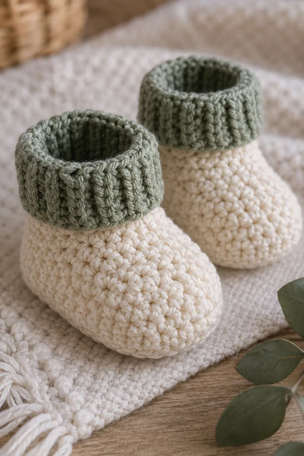 Close-up of the stitch texture and securely finished details on easy crochet seed stitch baby booties