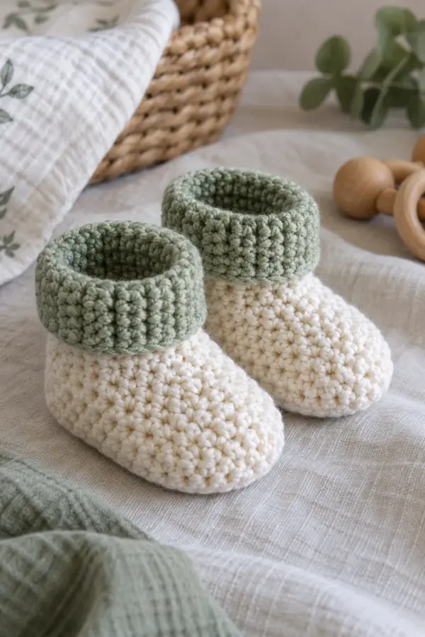 Finished easy crochet seed stitch baby booties in soft cream and sage yarn on a neutral nursery surface