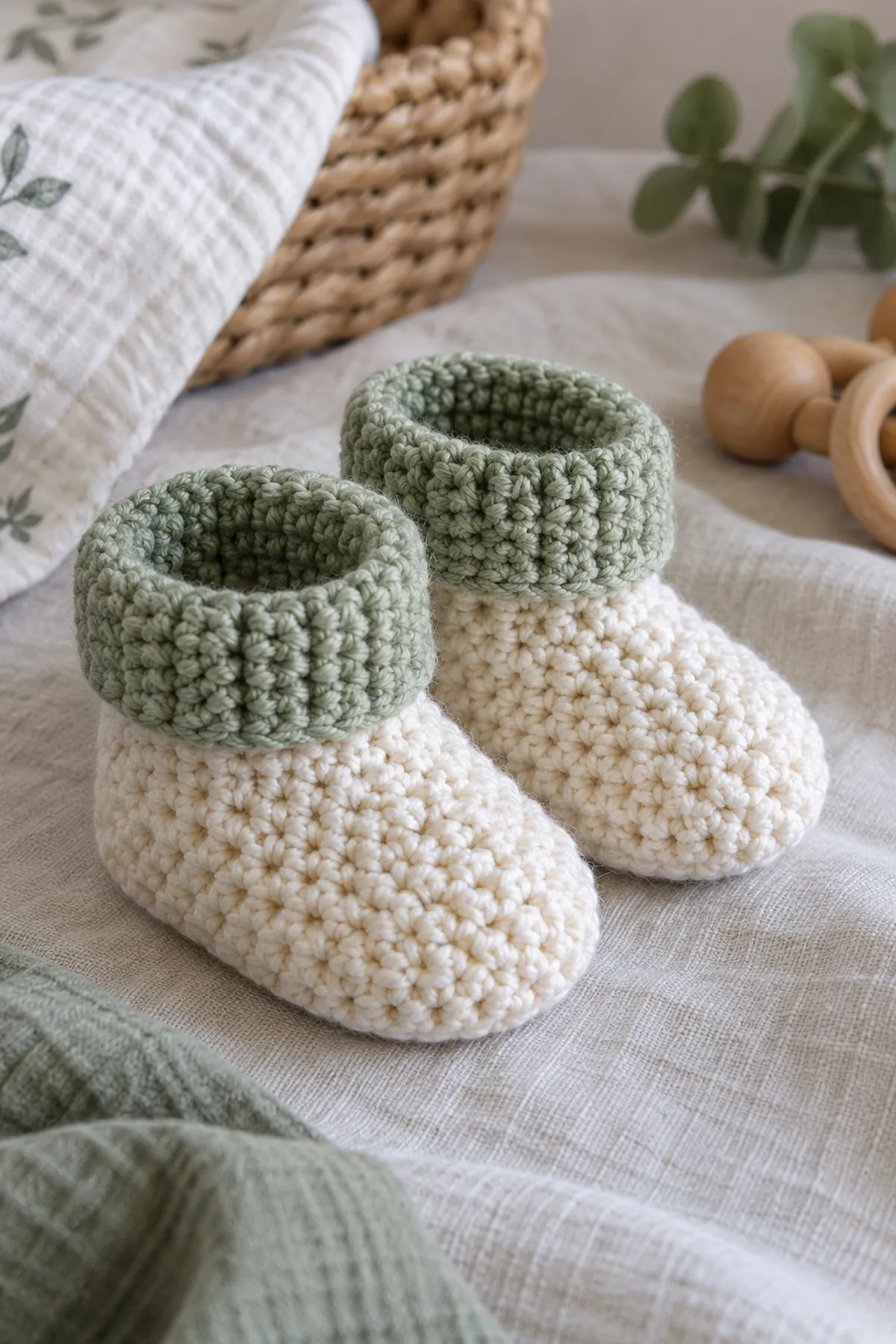 Finished easy crochet seed stitch baby booties in soft cream and sage yarn on a neutral nursery surface