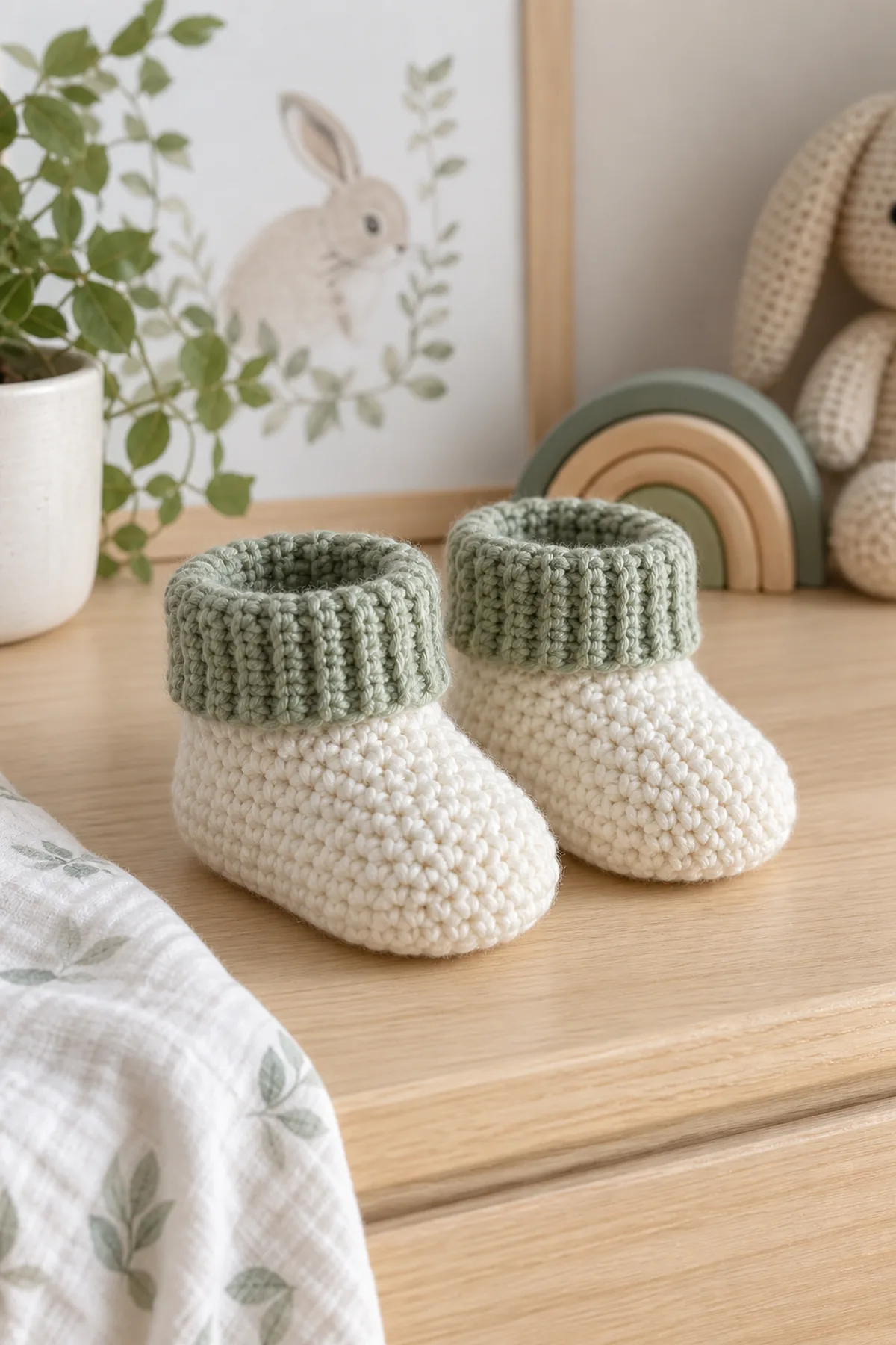 Finished easy crochet seed stitch baby booties styled in a calm bright nursery setting without a baby present