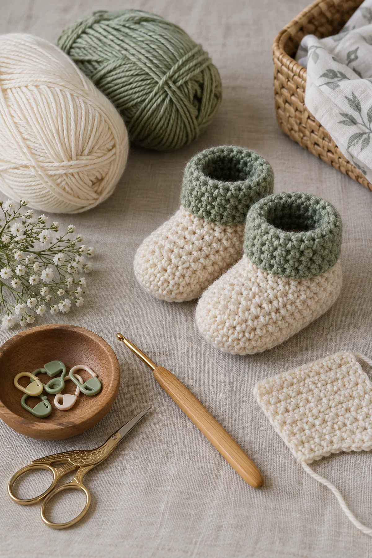 Baby-friendly yarn, crochet hook, stitch markers, tape measure, yarn needle, and scissors for easy crochet seed stitch baby booties