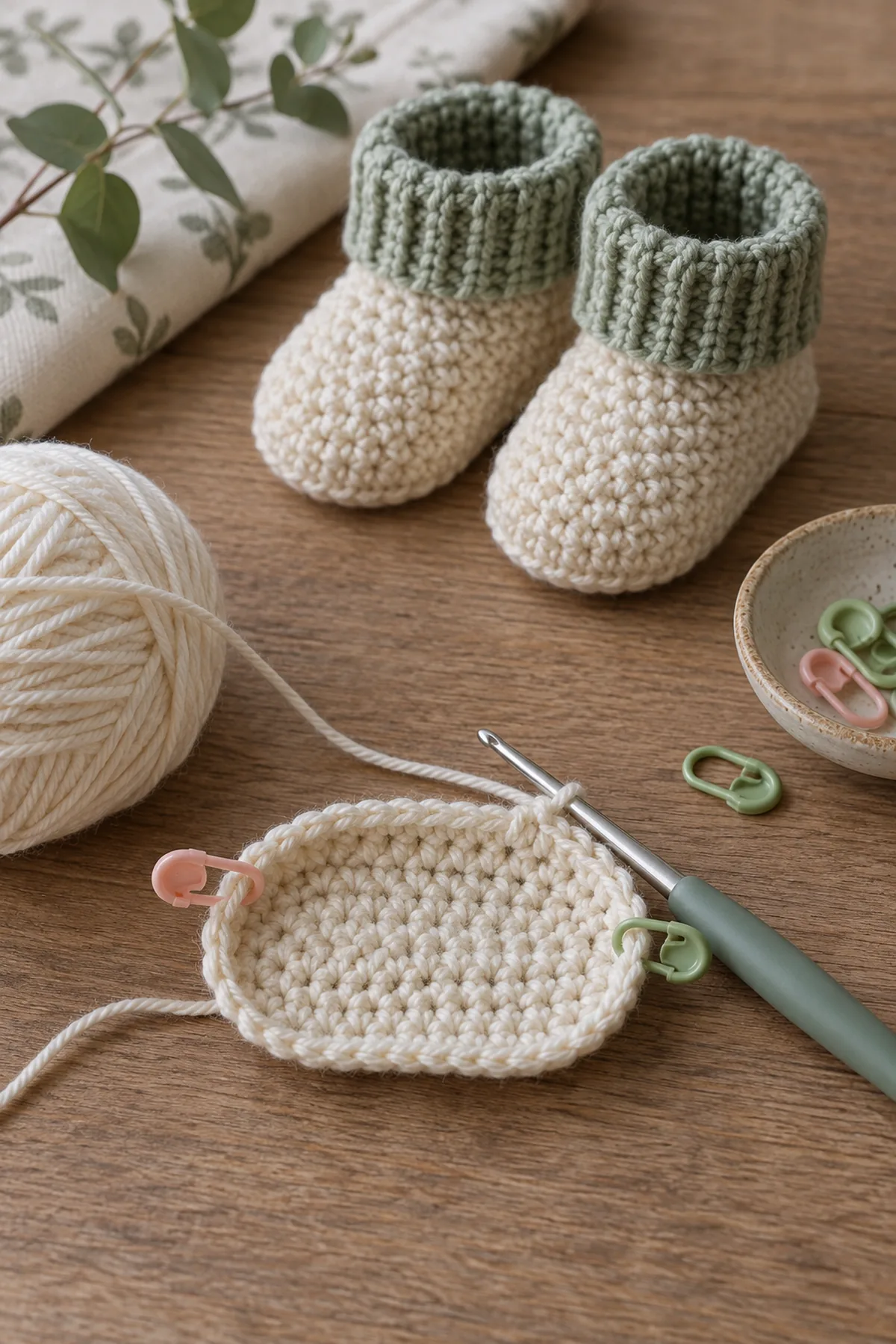 Early counted crochet stage of easy crochet seed stitch baby booties with matching yarn and hook