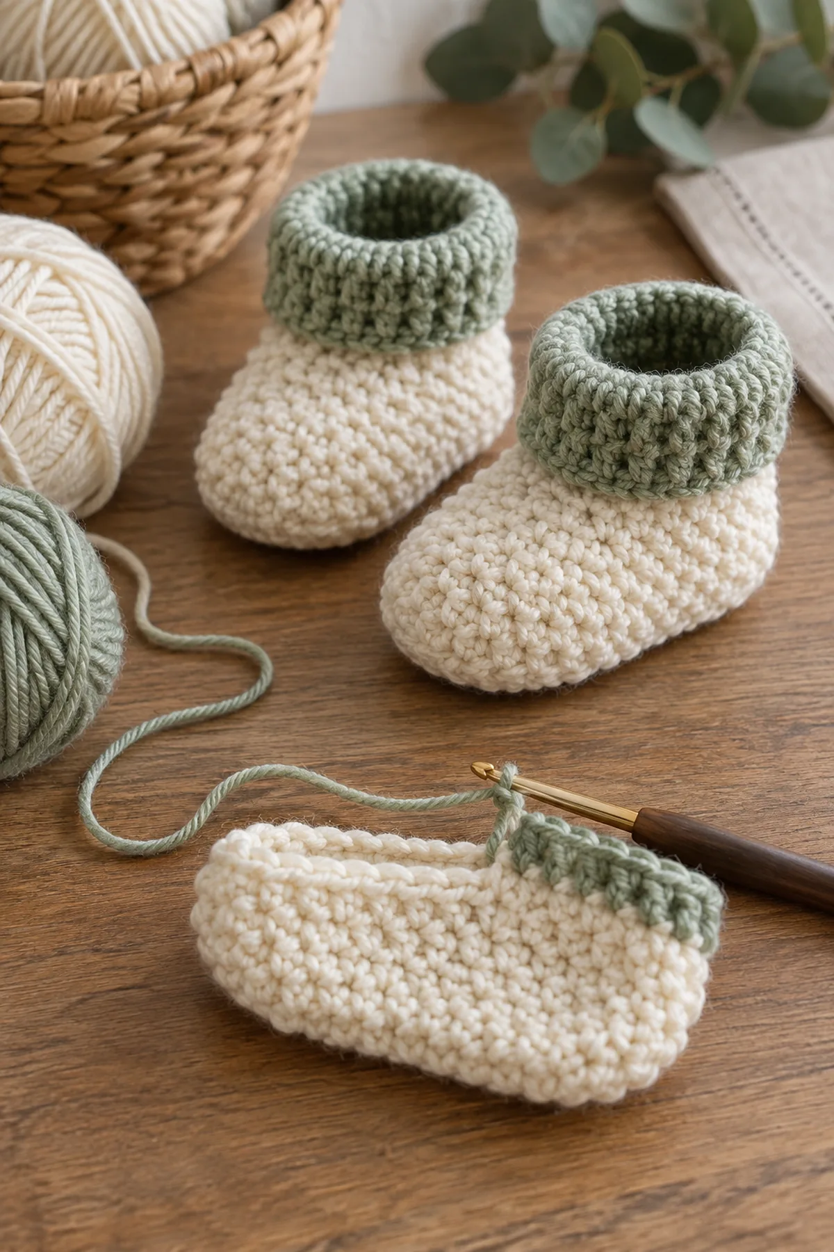 Mid-process construction of easy crochet seed stitch baby booties showing the established shape