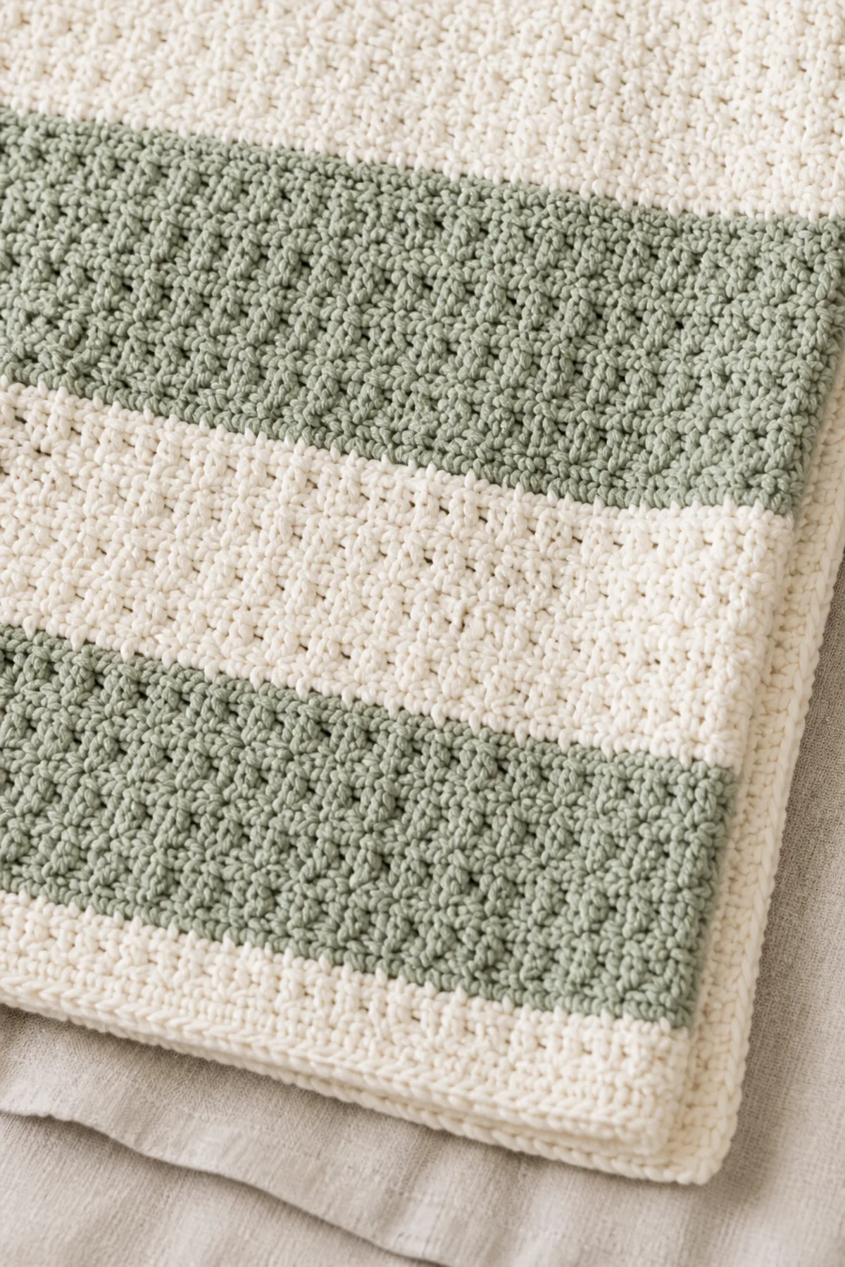 Close-up of the alternating textured bands and clean cream border on easy crochet textured stroller blanket