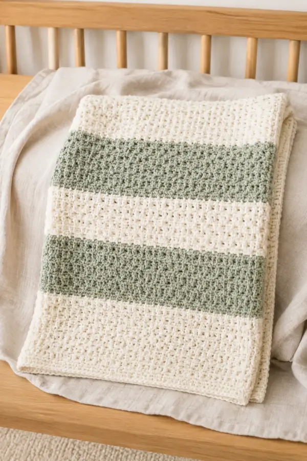 Finished easy crochet textured stroller blanket with alternating cream and muted-sage textured bands and a cream border