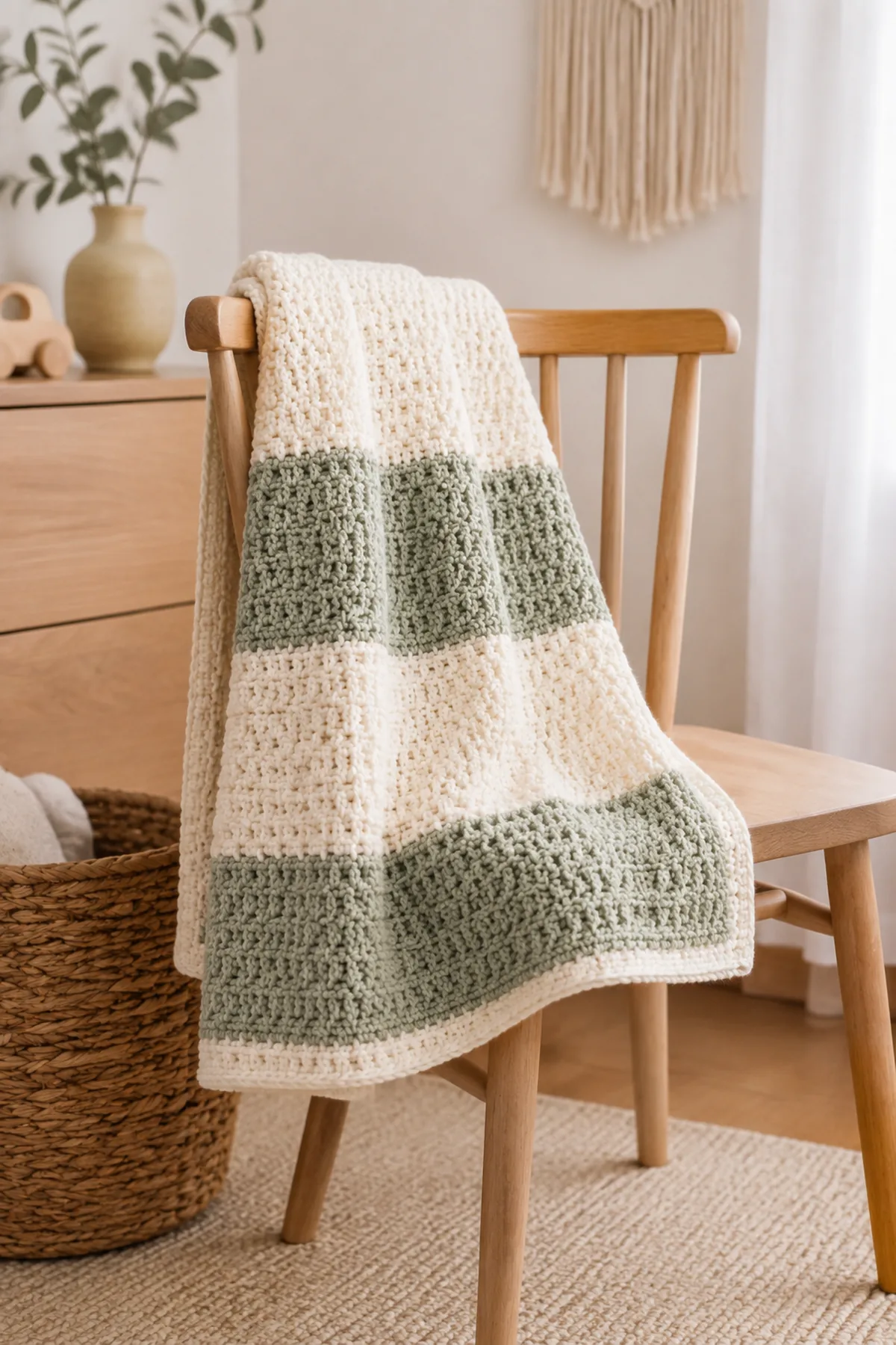 Finished easy crochet textured stroller blanket styled in a calm bright nursery setting without a baby present