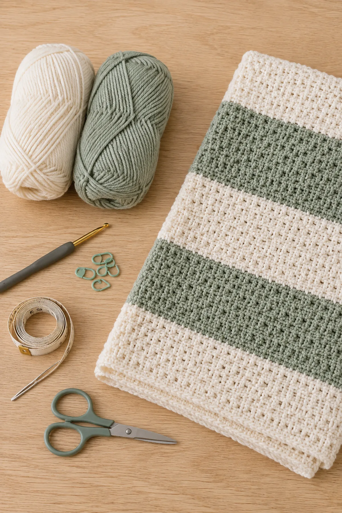 Baby-friendly yarn, crochet hook, stitch markers, tape measure, yarn needle, and scissors for easy crochet textured stroller blanket