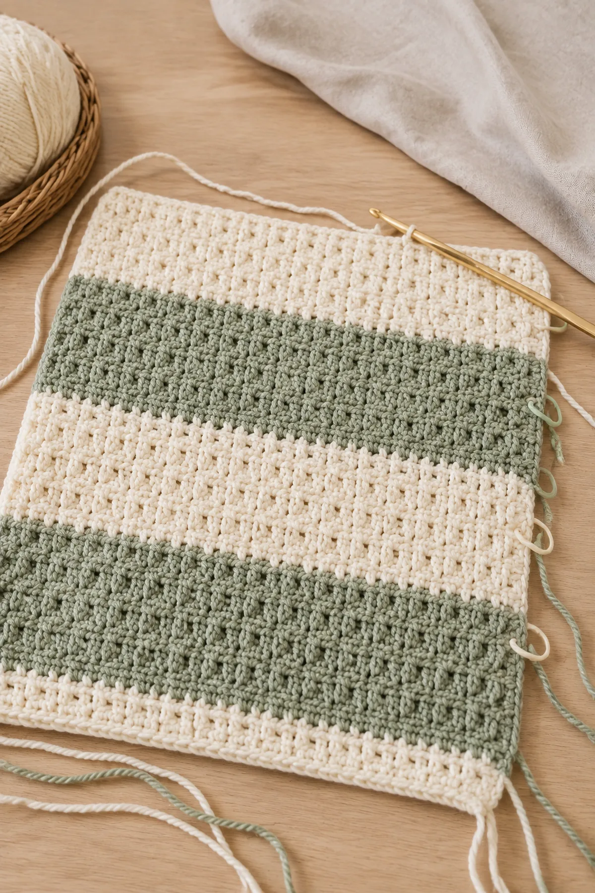 Early cream and sage textured rows for easy crochet textured stroller blanket with hook and stitch markers