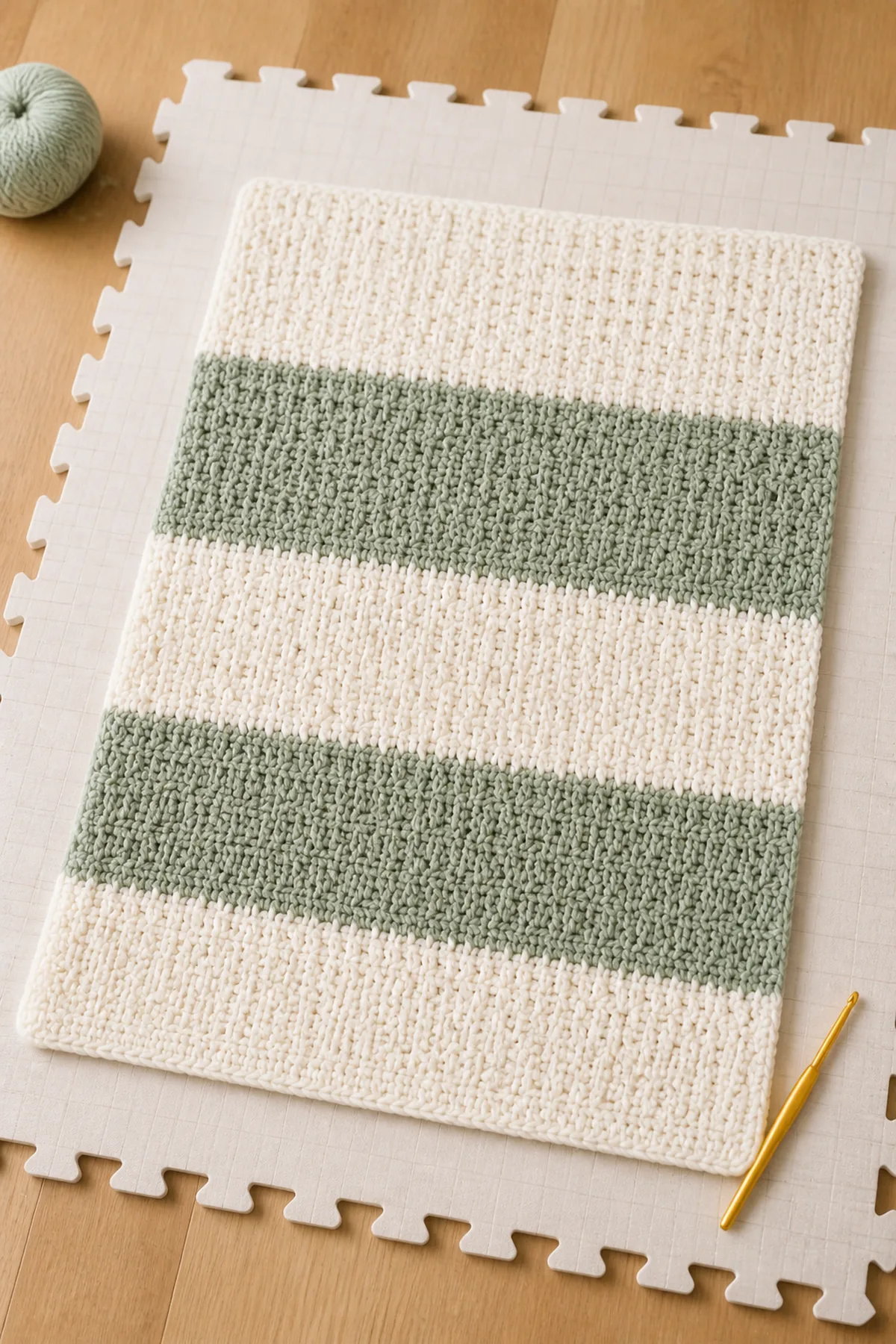 Blocked stroller-size blanket for easy crochet textured stroller blanket before the final cream border