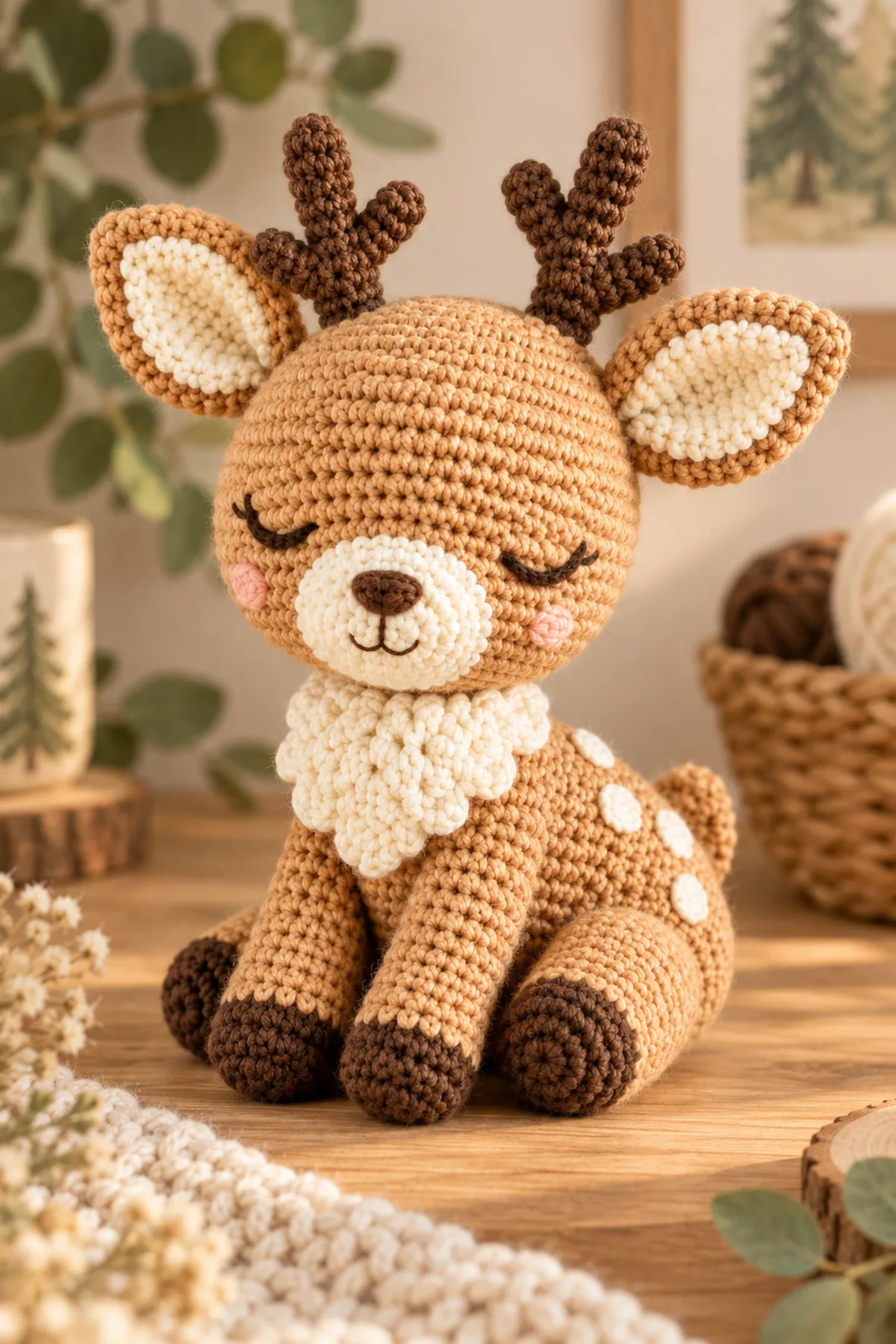 Close-up of the stitch texture and securely finished details on free crochet deer pattern for beginners | cute amigurumi deer