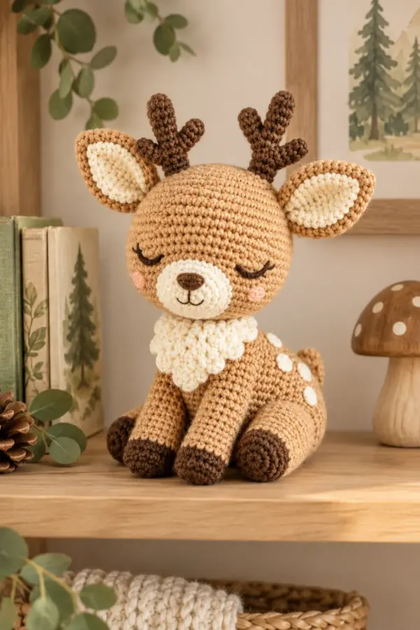 Finished free crochet deer pattern for beginners | cute amigurumi deer in soft cream and sage yarn on a neutral nursery surface