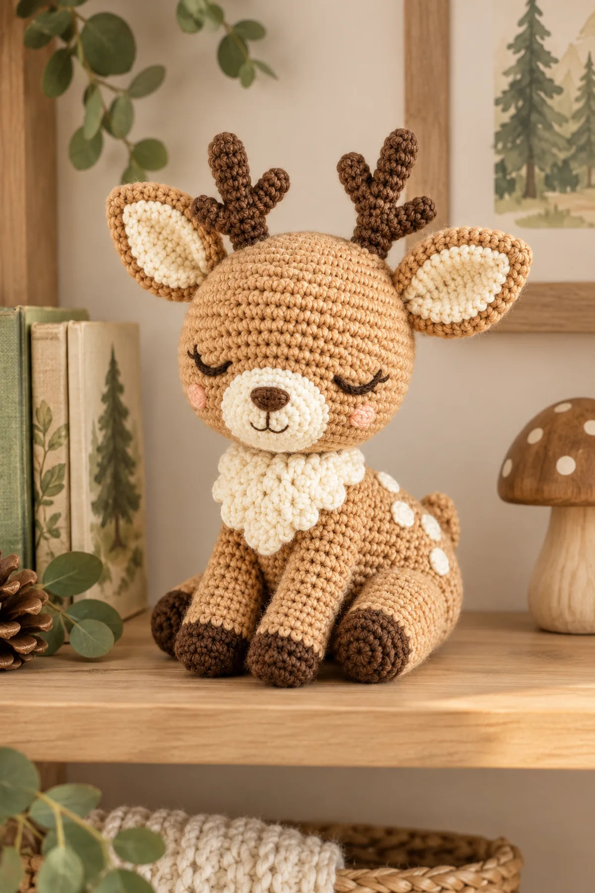 Finished free crochet deer pattern for beginners | cute amigurumi deer in soft cream and sage yarn on a neutral nursery surface