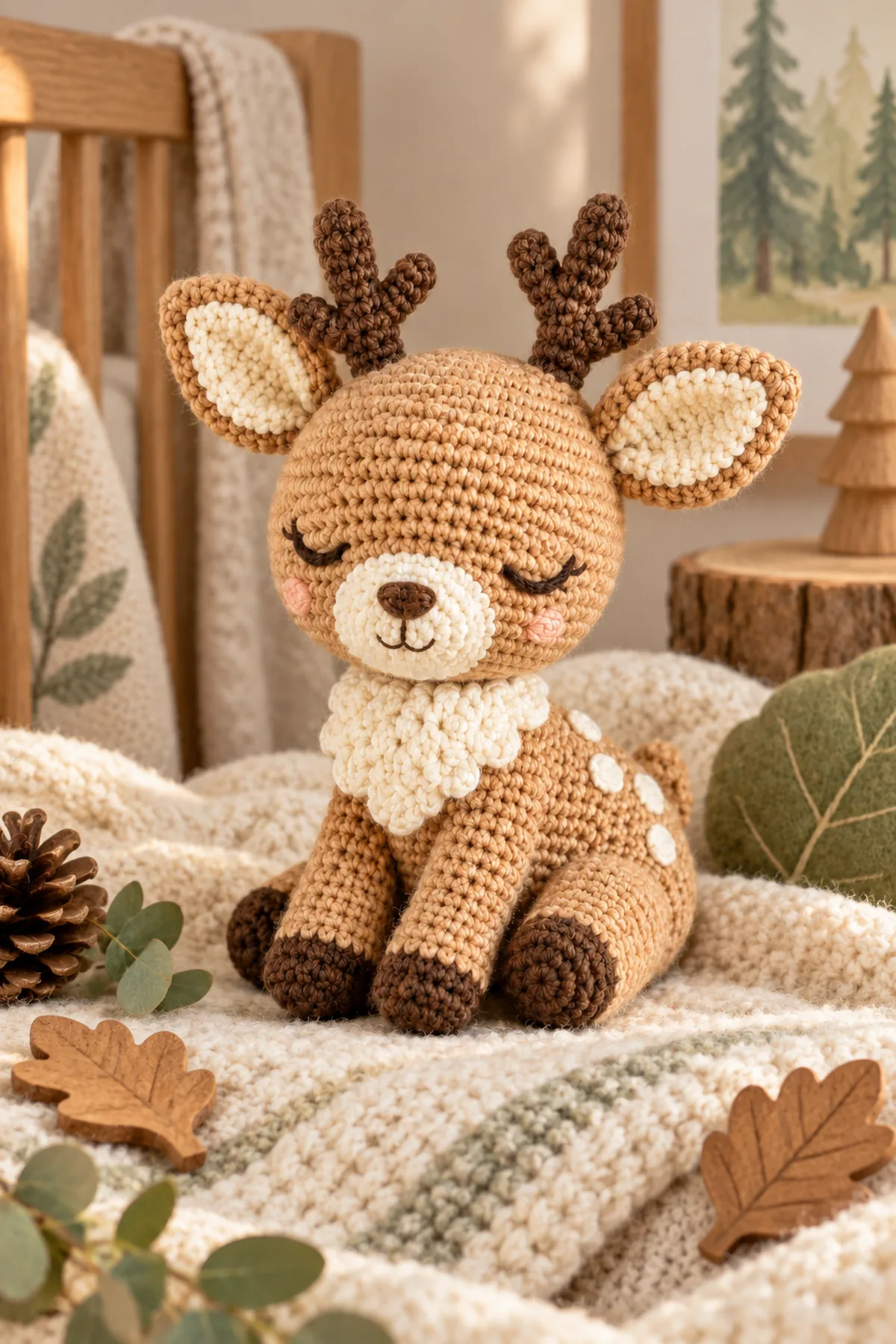 Finished free crochet deer pattern for beginners | cute amigurumi deer styled in a calm bright nursery setting without a baby present