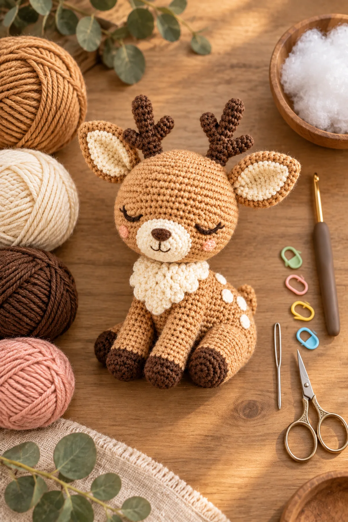 Baby-friendly yarn, crochet hook, stitch markers, tape measure, yarn needle, and scissors for free crochet deer pattern for beginners | cute amigurumi deer