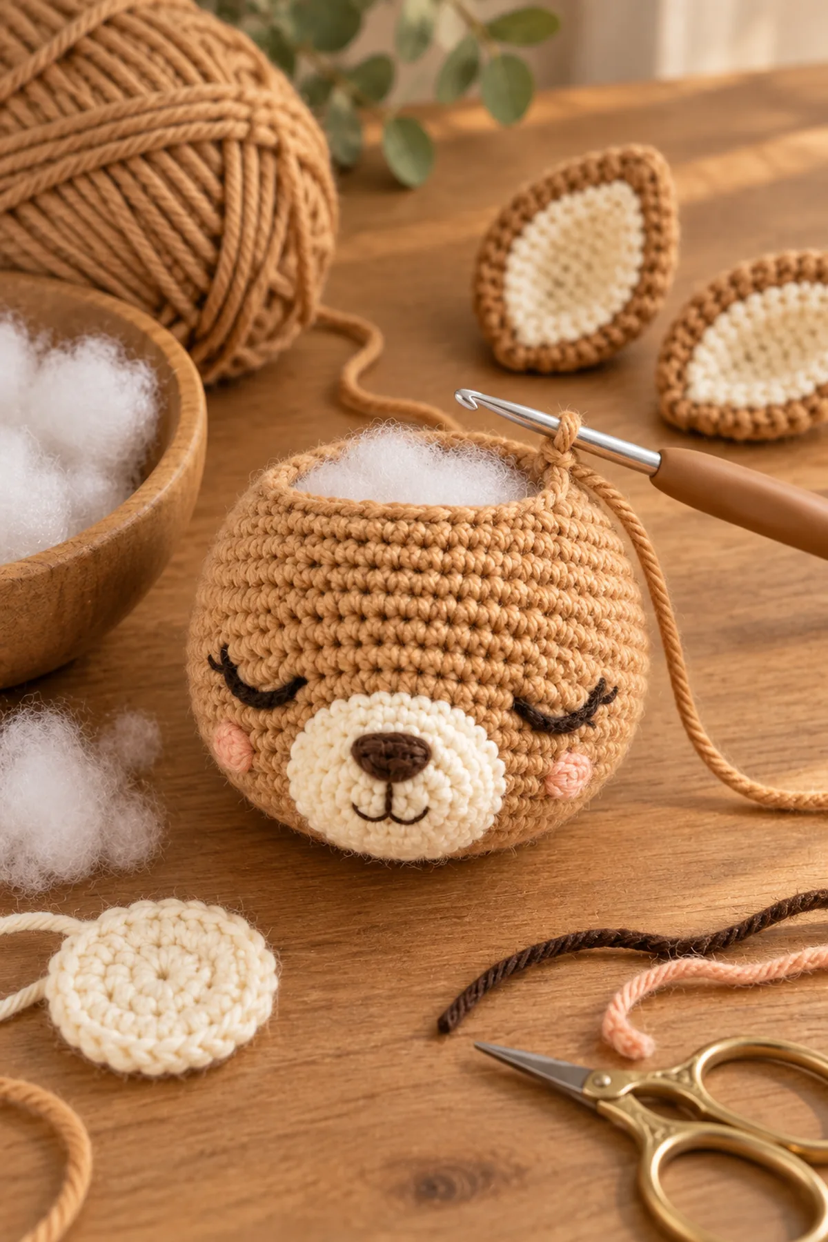 Early counted crochet stage of free crochet deer pattern for beginners | cute amigurumi deer with matching yarn and hook