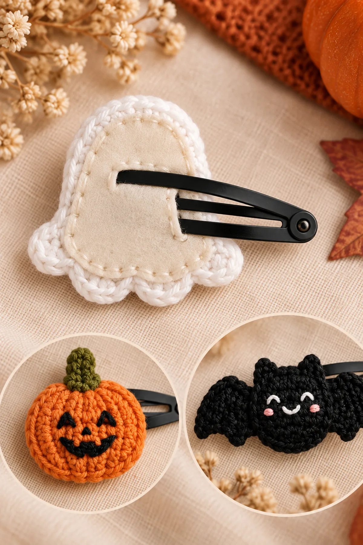 Close-up of embroidered Halloween motif faces and secure felt-backed stitching around the stationary snap clip blades
