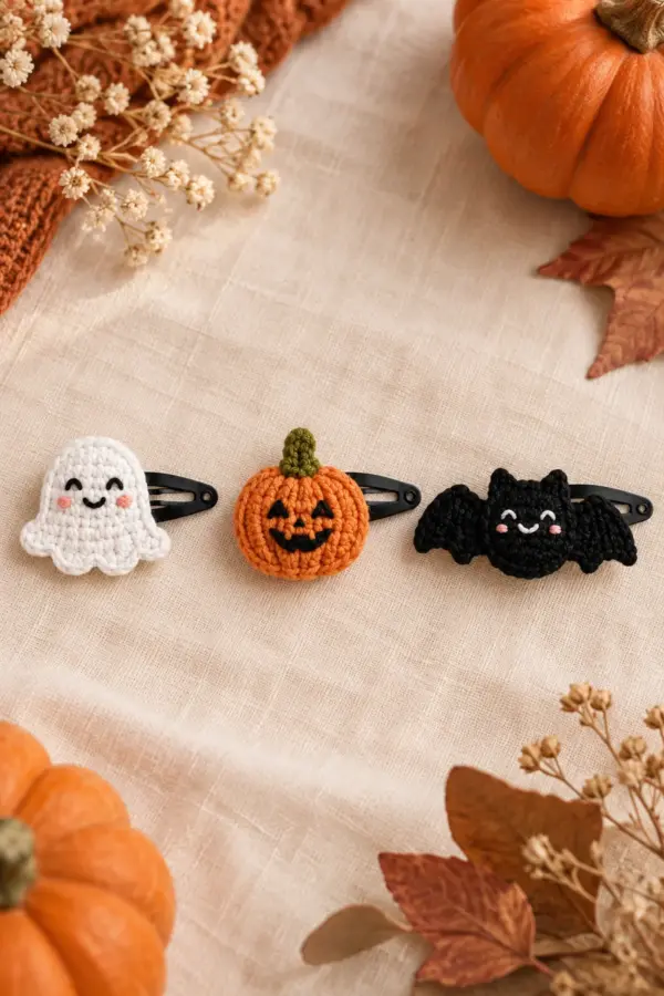 Finished ghost, pumpkin, and bat crochet hair clips arranged as a coordinated Halloween trio on a warm cream surface
