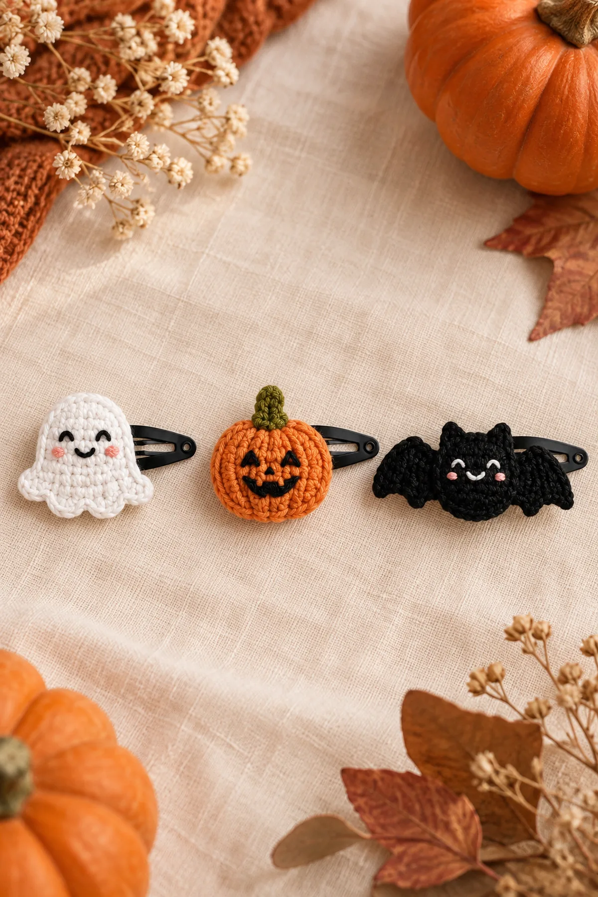 Finished ghost, pumpkin, and bat crochet hair clips arranged as a coordinated Halloween trio on a warm cream surface