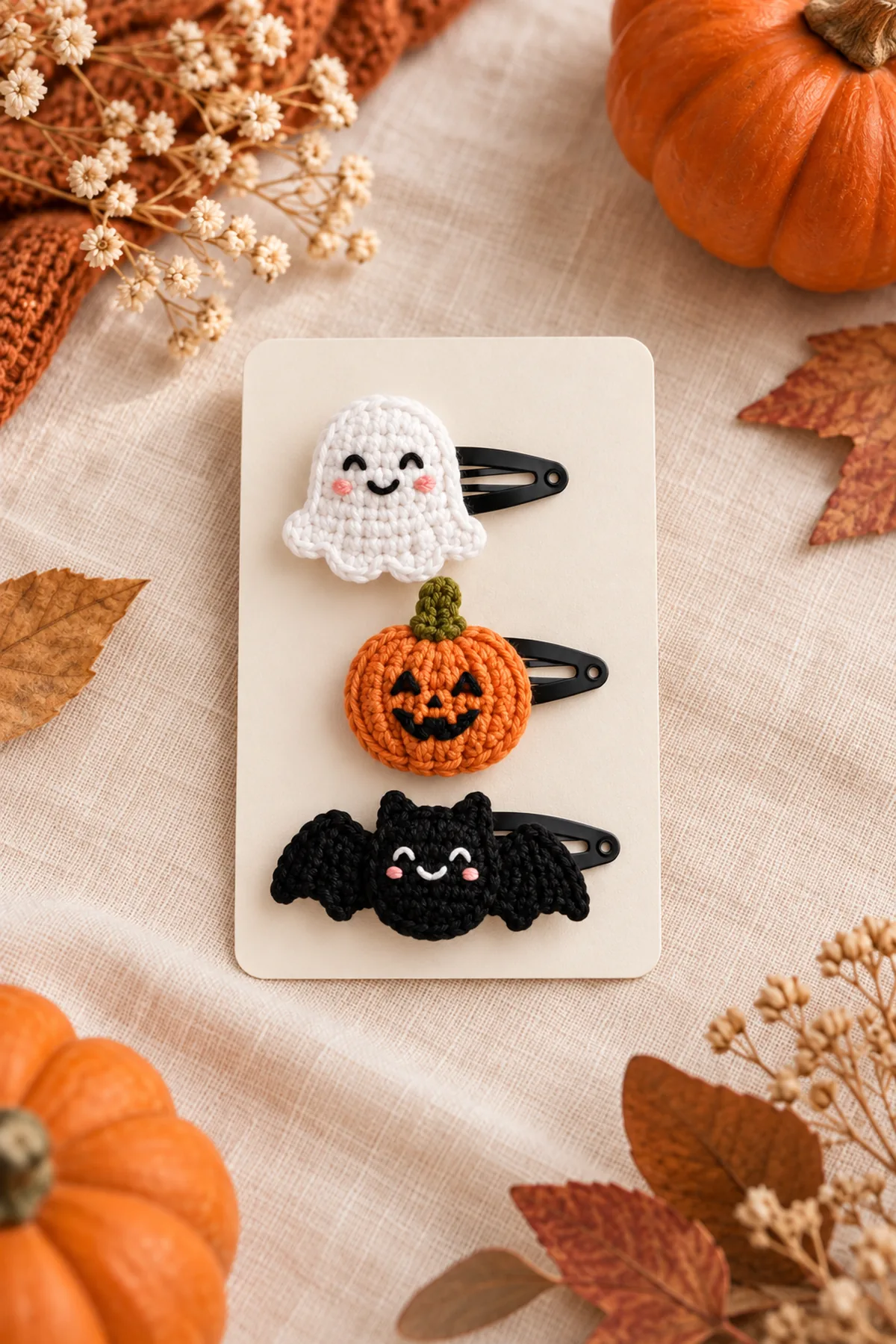 Completed ghost, pumpkin, and bat crochet hair clips styled on a cream display card with autumn leaves and small pumpkins
