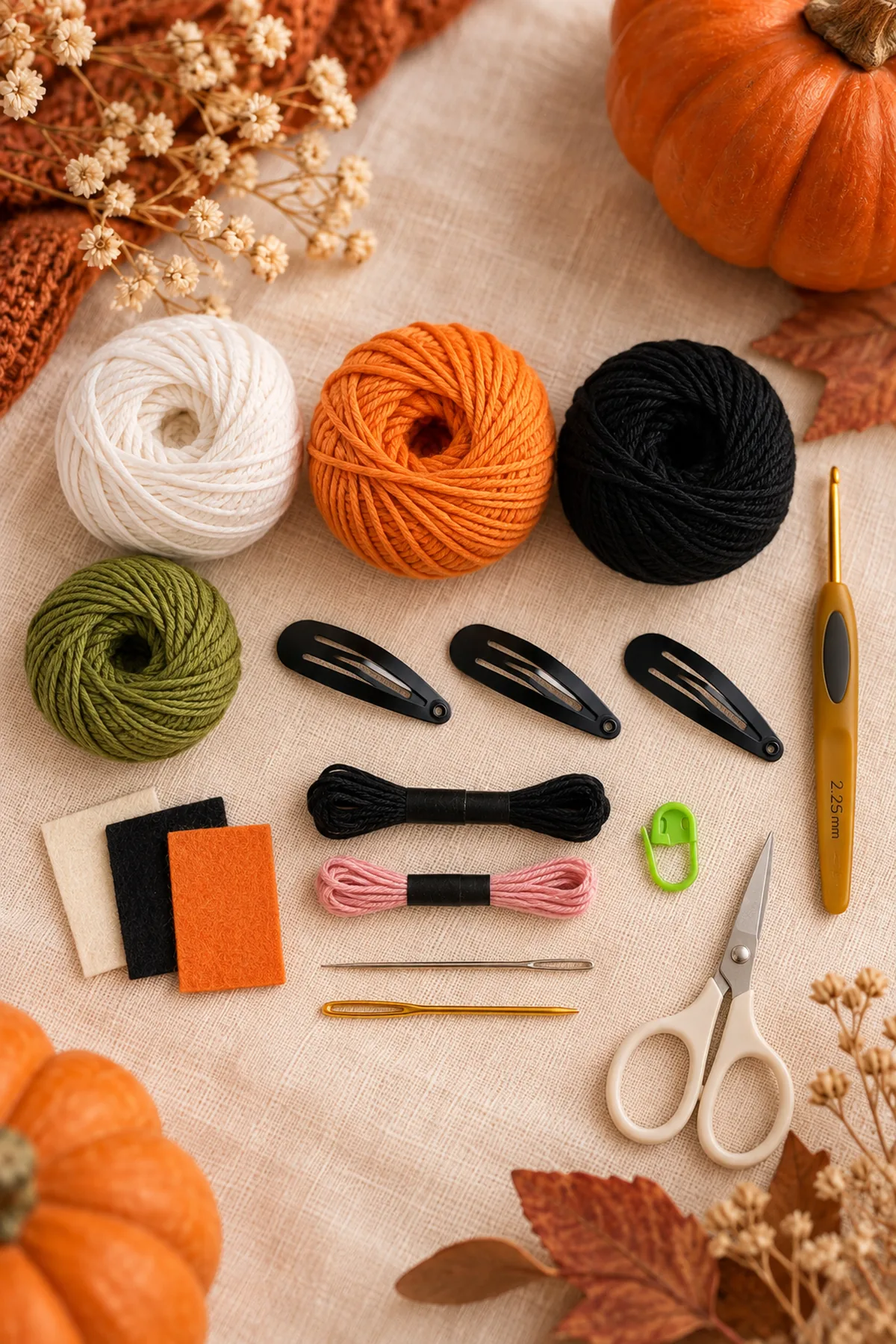 White, orange, black, and green cotton yarn, embroidery thread, three black snap clips, felt, needles, hook, and scissors for Halloween crochet hair clips