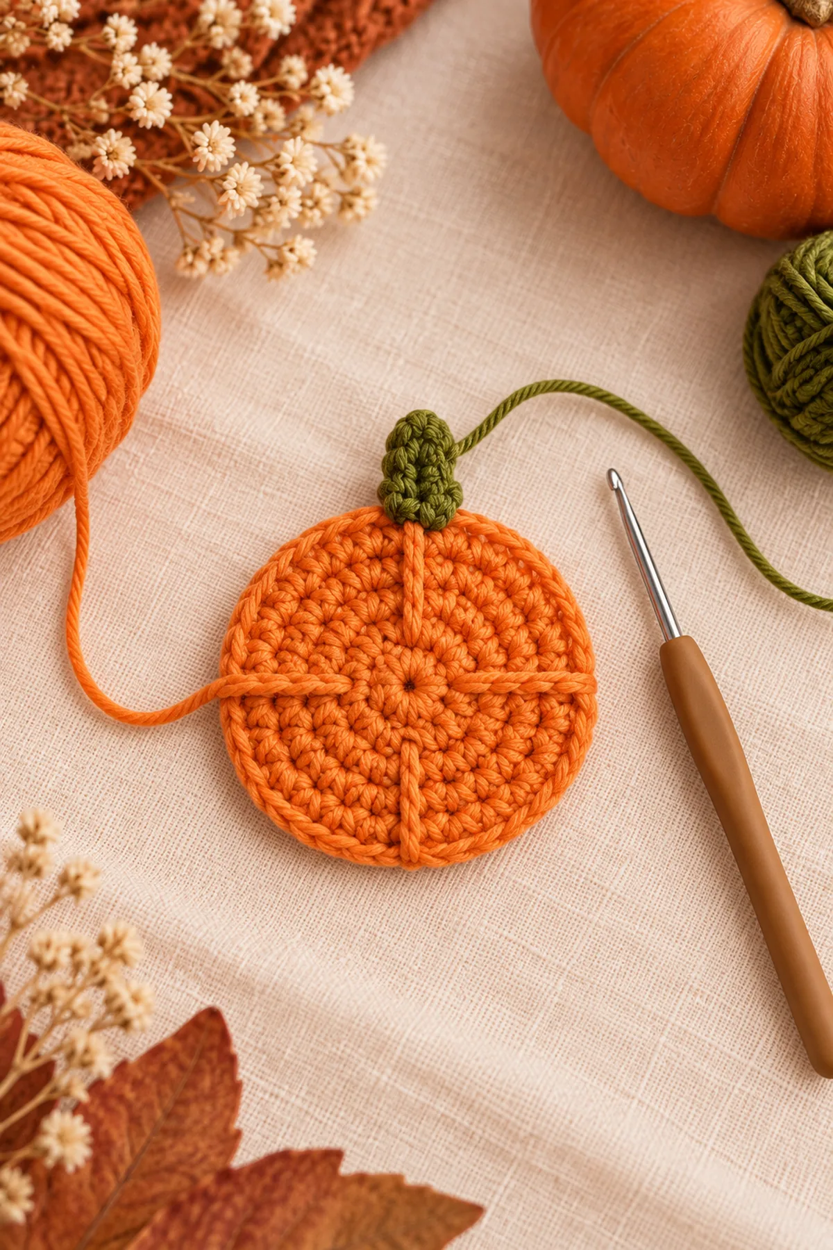Counted orange crochet pumpkin circle with surface ribs and green stem beside a 2.25 mm hook