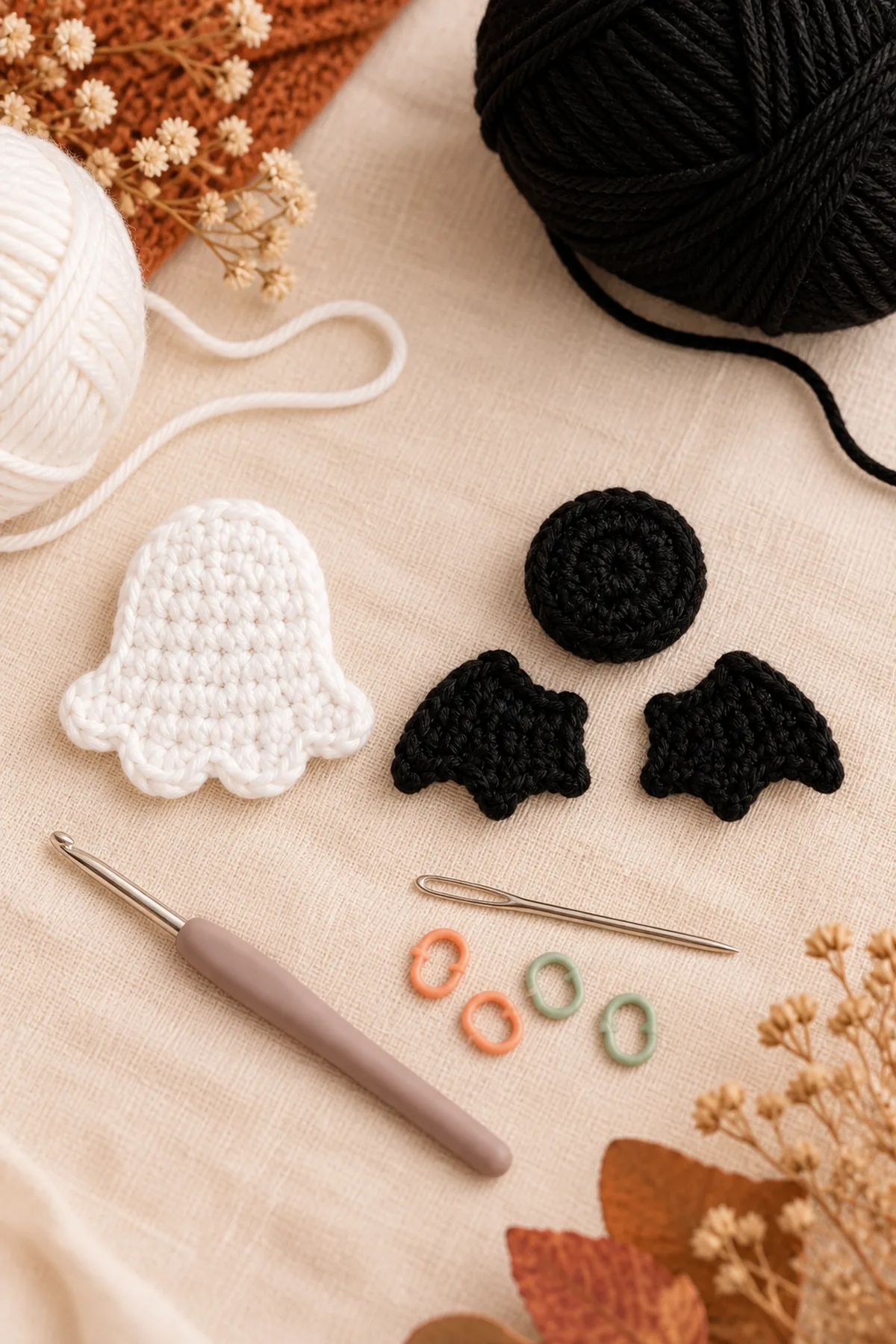 Flat white crochet ghost and black bat body with two mirrored wings before hair clip attachment