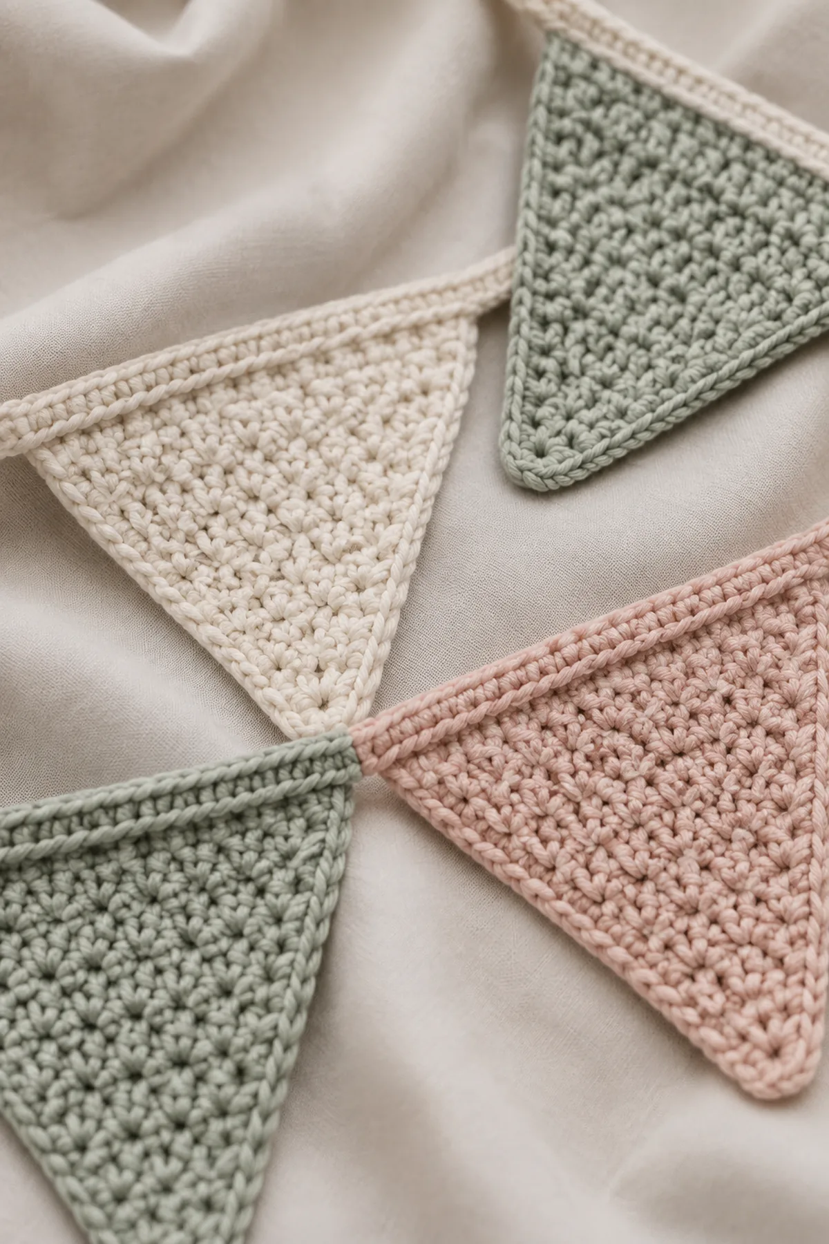 Close-up of the stitch texture and securely finished details on modern crochet nursery bunting
