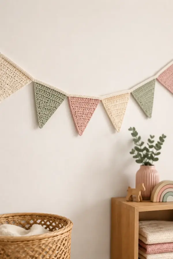 Finished modern crochet nursery bunting in soft cream and sage yarn on a neutral nursery surface