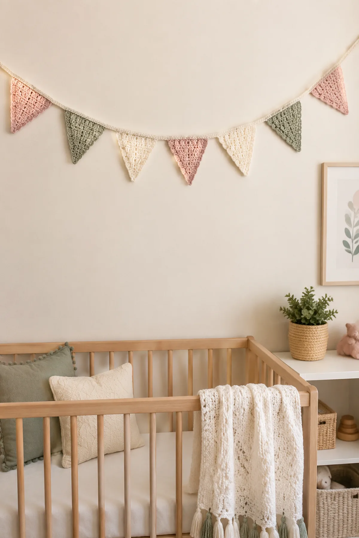 Finished modern crochet nursery bunting styled in a calm bright nursery setting without a baby present