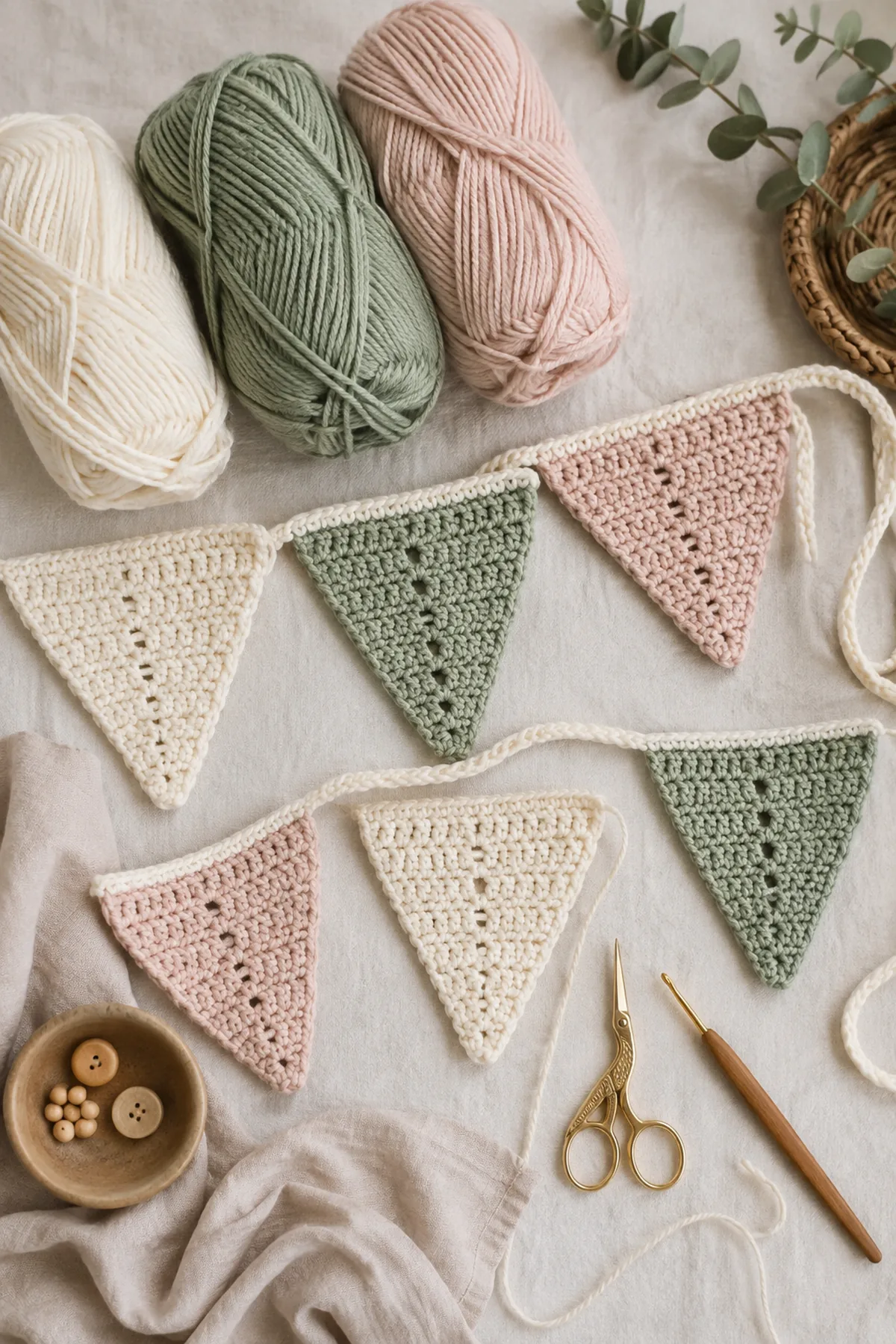 Baby-friendly yarn, crochet hook, stitch markers, tape measure, yarn needle, and scissors for modern crochet nursery bunting