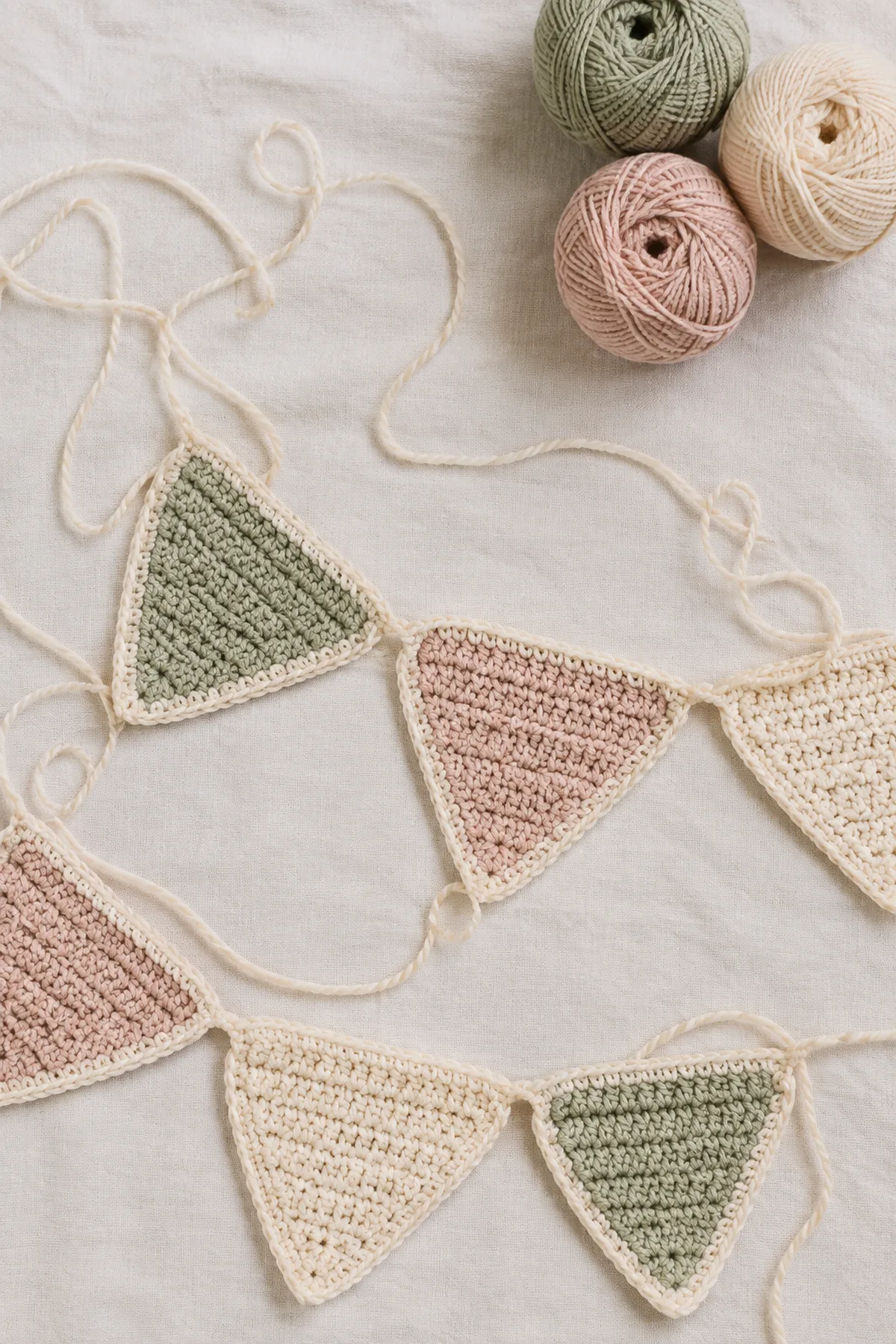 Mid-process construction of modern crochet nursery bunting showing the established shape