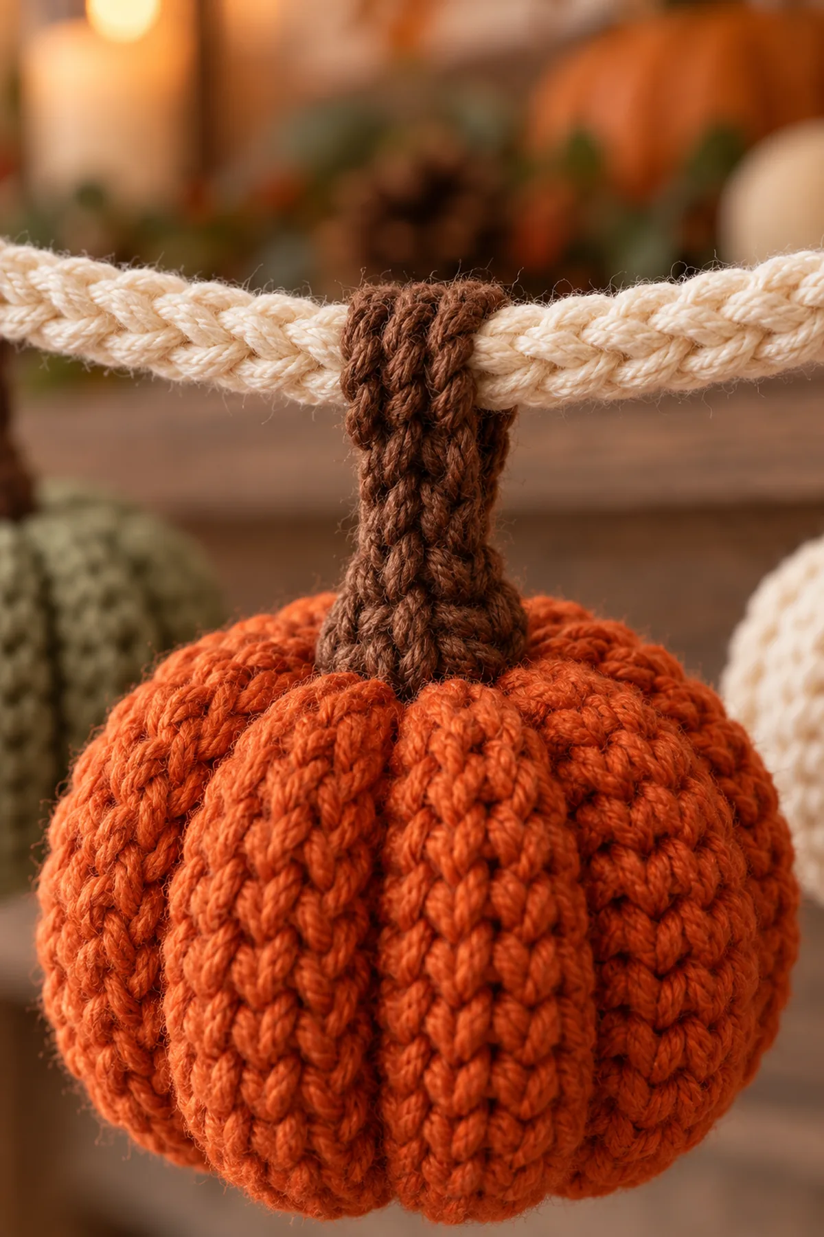 Close-up of an integrated brown pumpkin loop secured around the doubled cream cord with four tight locking slip stitches and no sewn seam