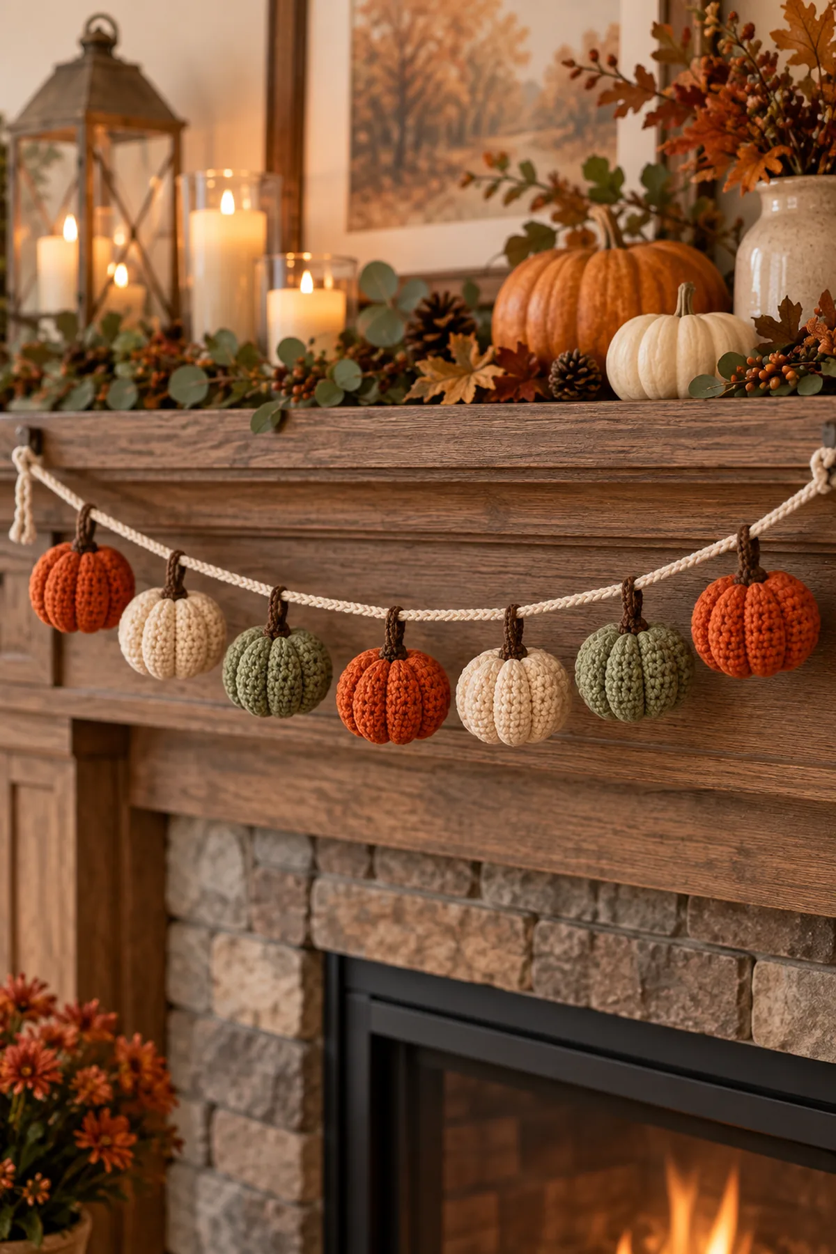 Finished original no-sew crochet pumpkin garland with seven one-piece ribbed pumpkins in burnt orange, warm cream, and muted sage on a firm cream cord above an autumn mantel