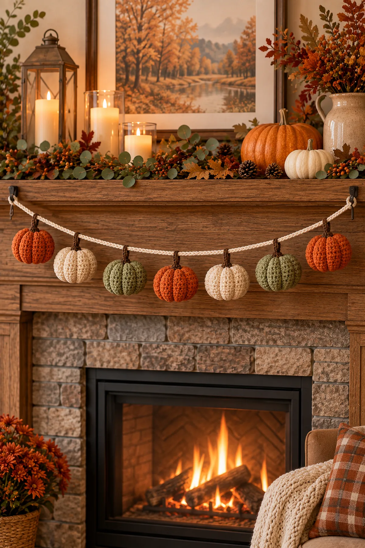 Completed seven-pumpkin no-sew crochet garland securely displayed on two closed hooks above a warm autumn mantel with no child or crib present