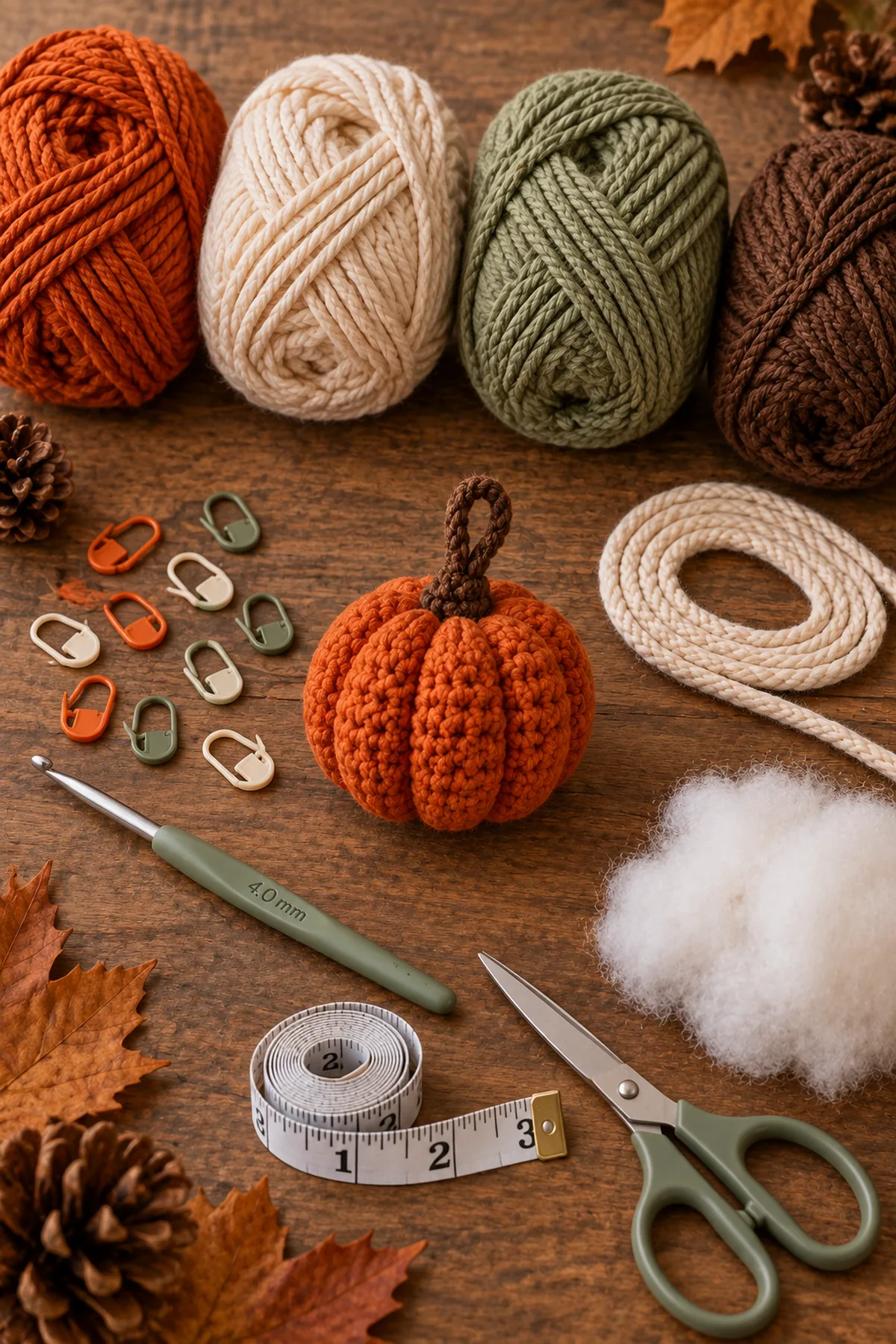Burnt-orange, warm-cream, muted-sage, brown, and cream worsted cotton yarn, 4 mm crochet hook, stuffing, locking stitch markers, tape measure, and scissors for a no-sew pumpkin garland