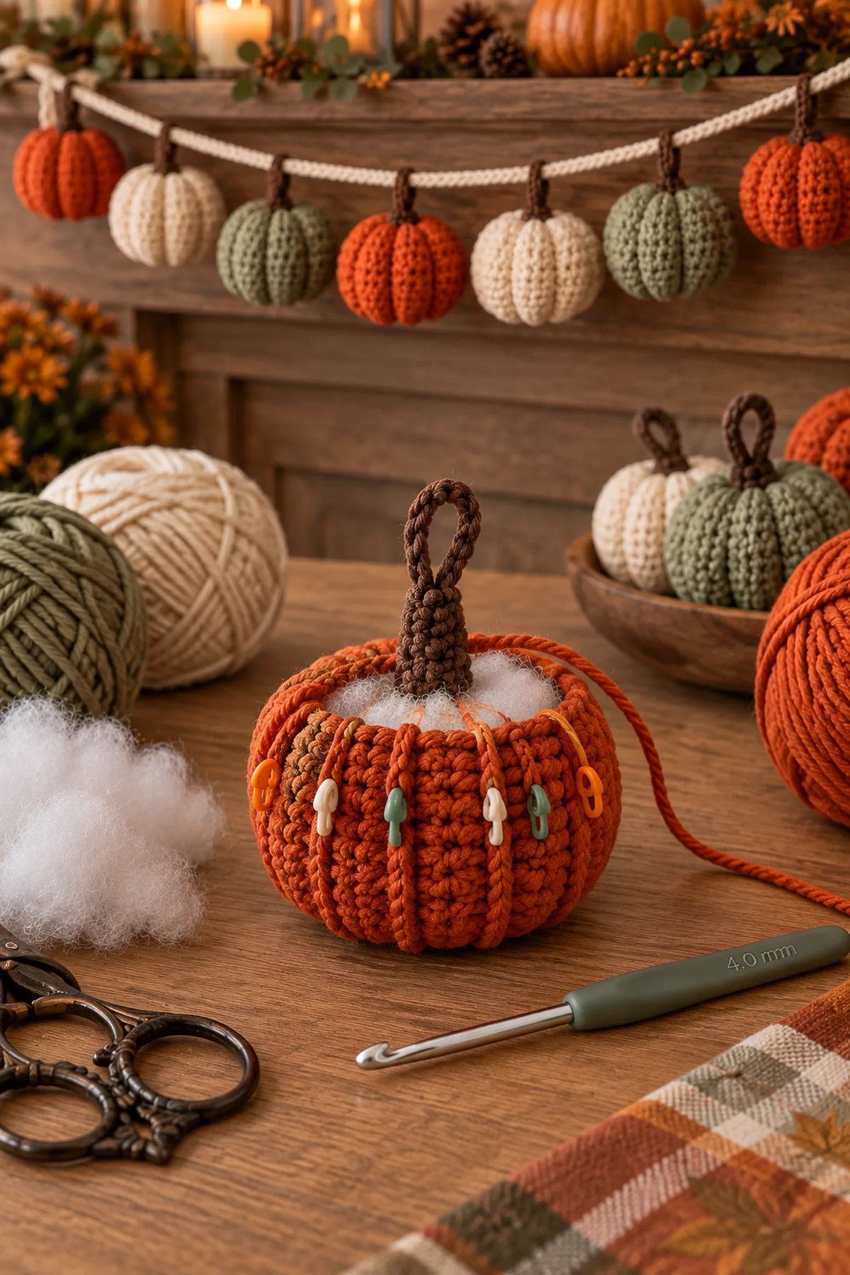 Partly crocheted one-piece pumpkin showing an integrated brown stem and hanging loop, 24-stitch body, six aligned relief rib markers, stuffing, and 4 mm hook