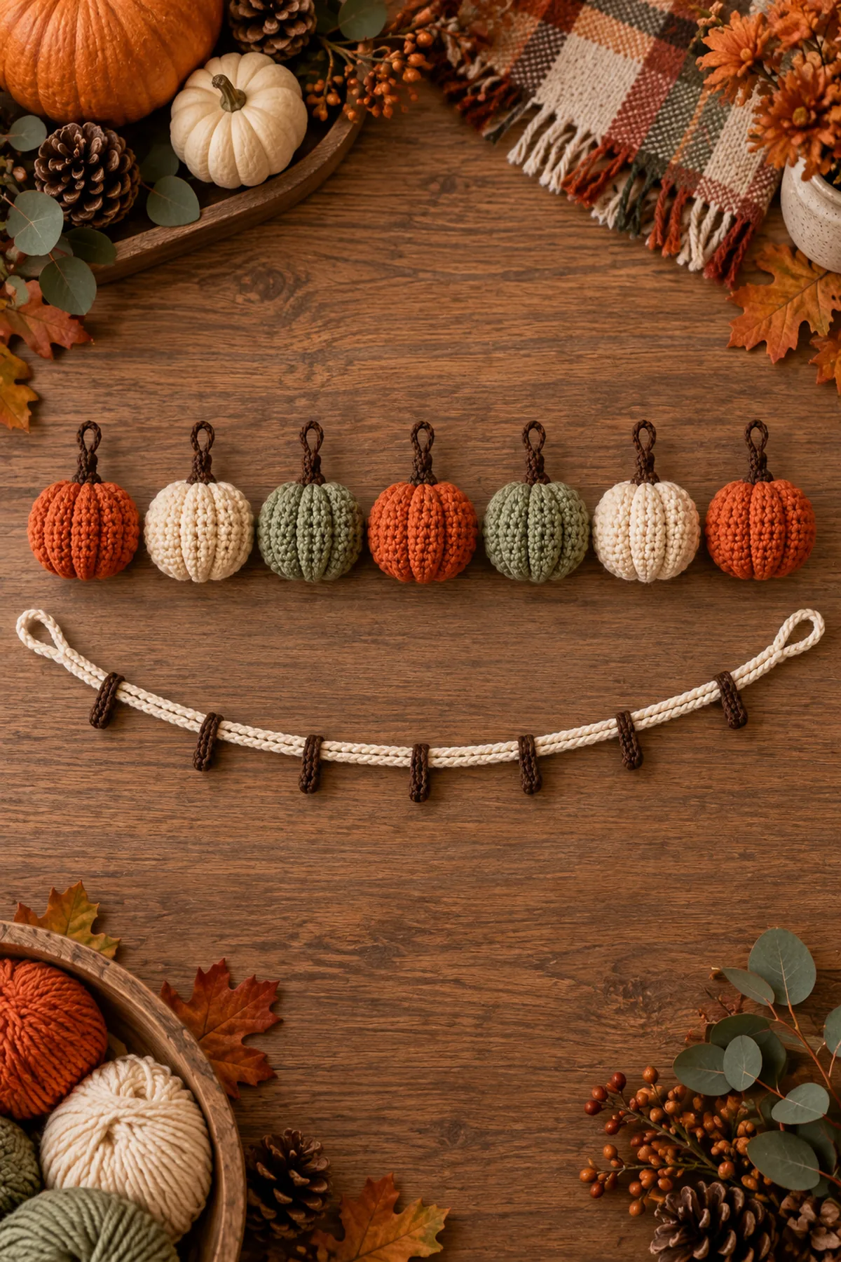 Seven completed closed ribbed pumpkins in three autumn colors beside a measured doubled cream cord with seven marked attachment points before hook-only assembly