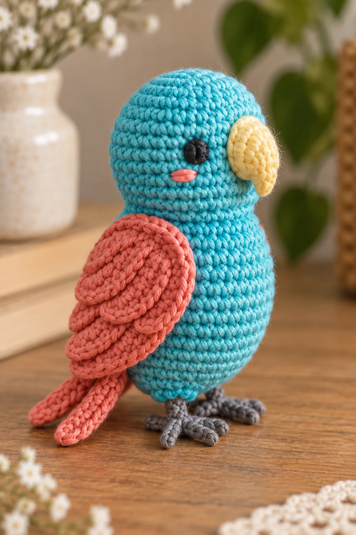 Close-up of one pocket parrot showing flat embroidered eyes and cheeks, soft fully sewn beak, full-edge wing seam, paired tail attachment, and embroidered feet without hard parts