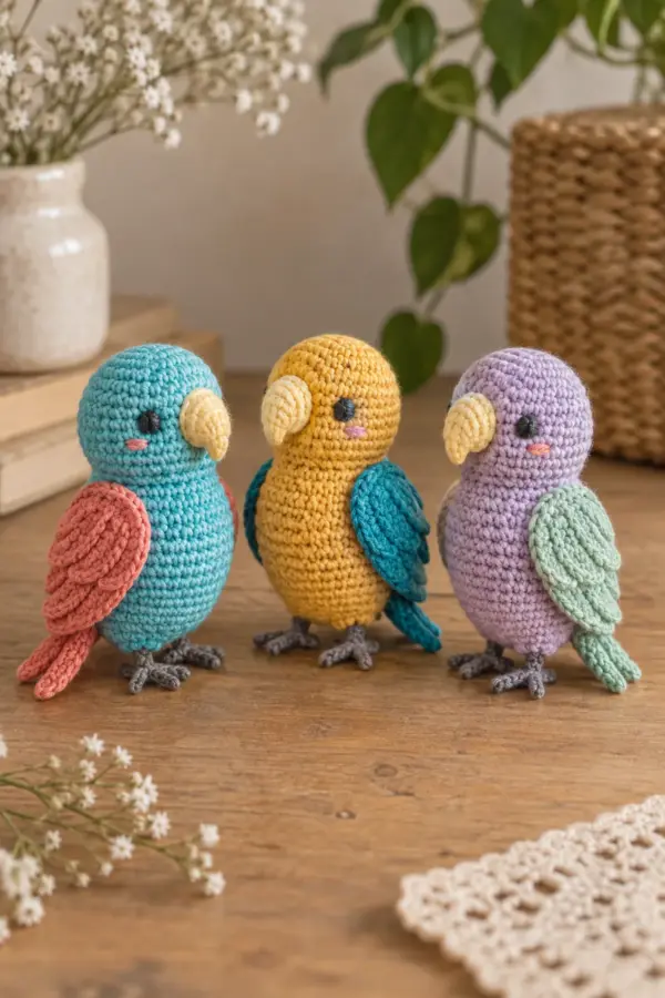 Three finished tiny crochet pocket parrots standing together in aqua-coral, mango-teal, and lilac-mint, each with an embroidered face, soft yellow beak, flat wings, paired tail feathers, and embroidered feet