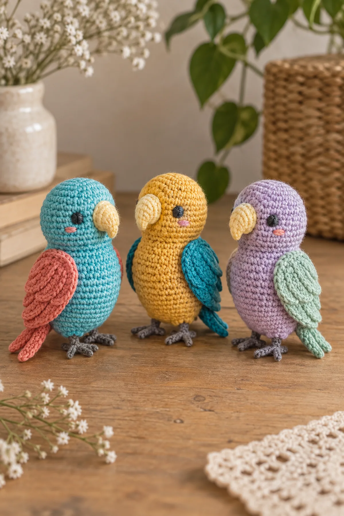 Three finished tiny crochet pocket parrots standing together in aqua-coral, mango-teal, and lilac-mint, each with an embroidered face, soft yellow beak, flat wings, paired tail feathers, and embroidered feet
