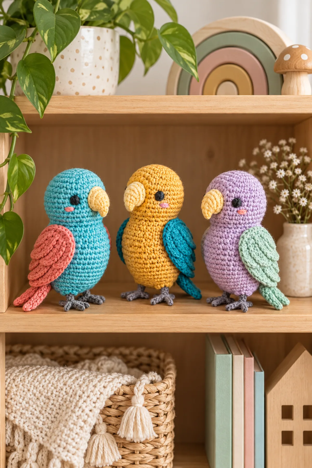 Completed trio of tiny pocket parrots displayed upright in a small open wooden cubby with all three colorways visible and no child present