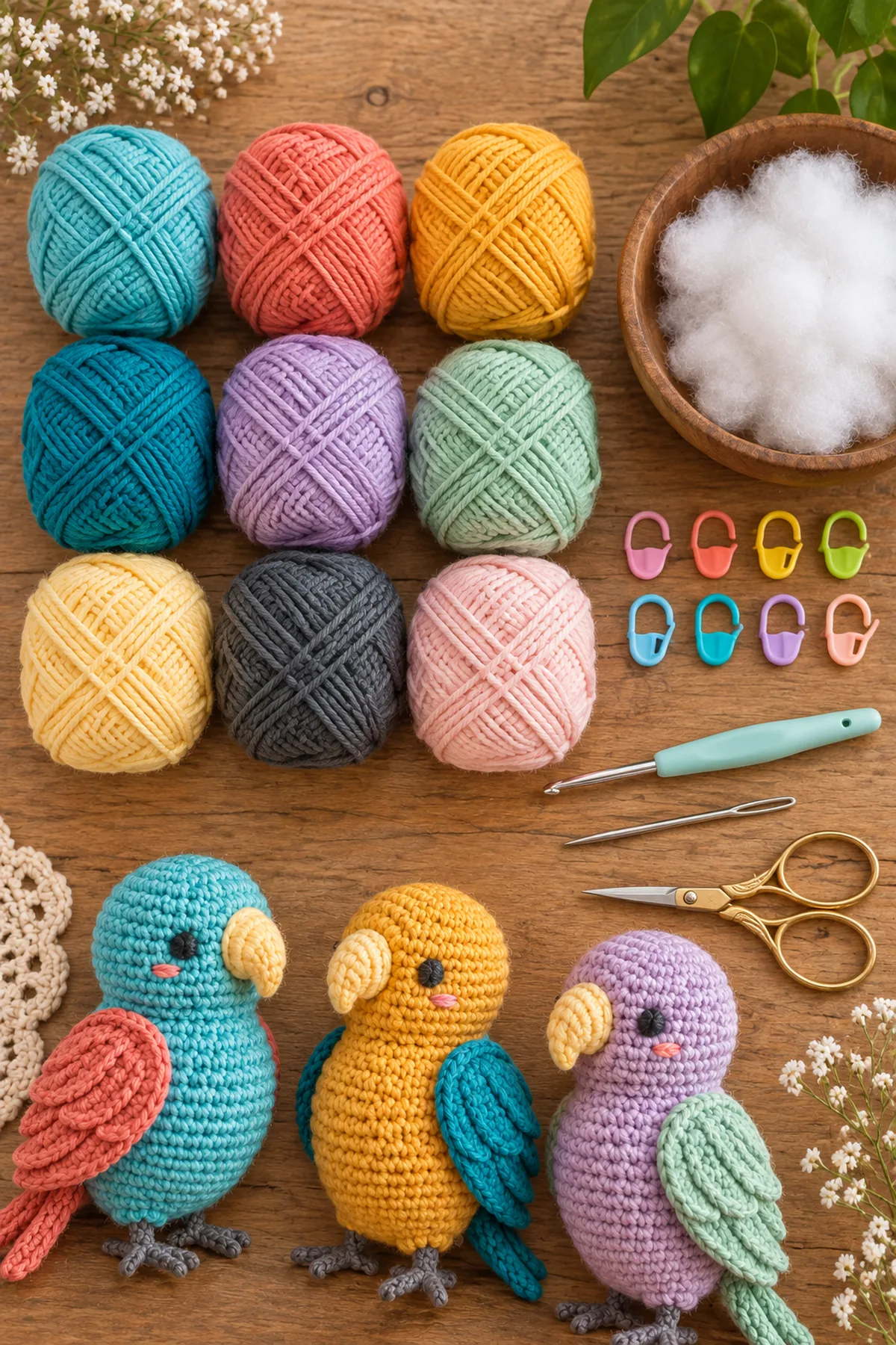 Sport-weight cotton yarn in aqua, coral, mango, teal, lilac, mint, yellow, charcoal, and blush with a 3 mm hook, stuffing, markers, yarn needle, and scissors for three pocket parrots