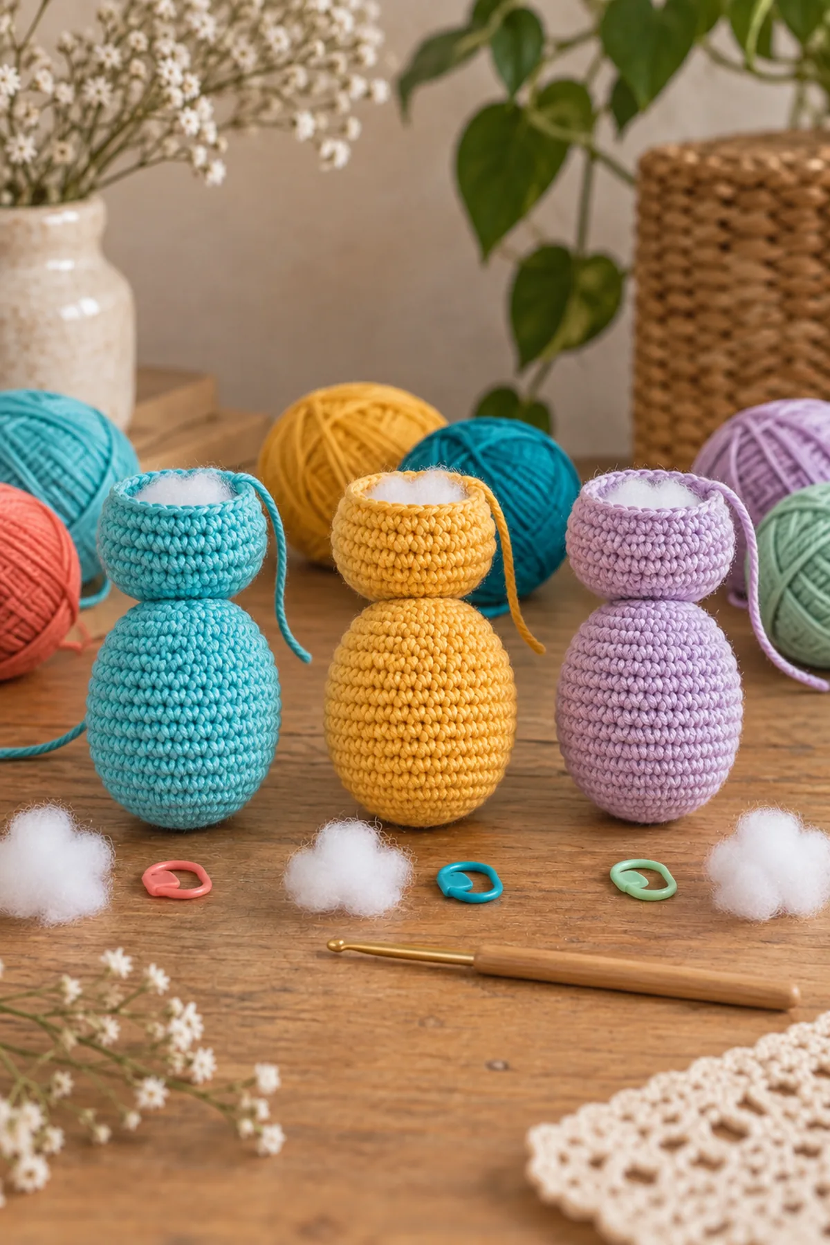 Three firm oval 24-stitch parrot bodies and three partly shaped 30-stitch heads in coordinated tropical colors beside a 3 mm crochet hook and markers